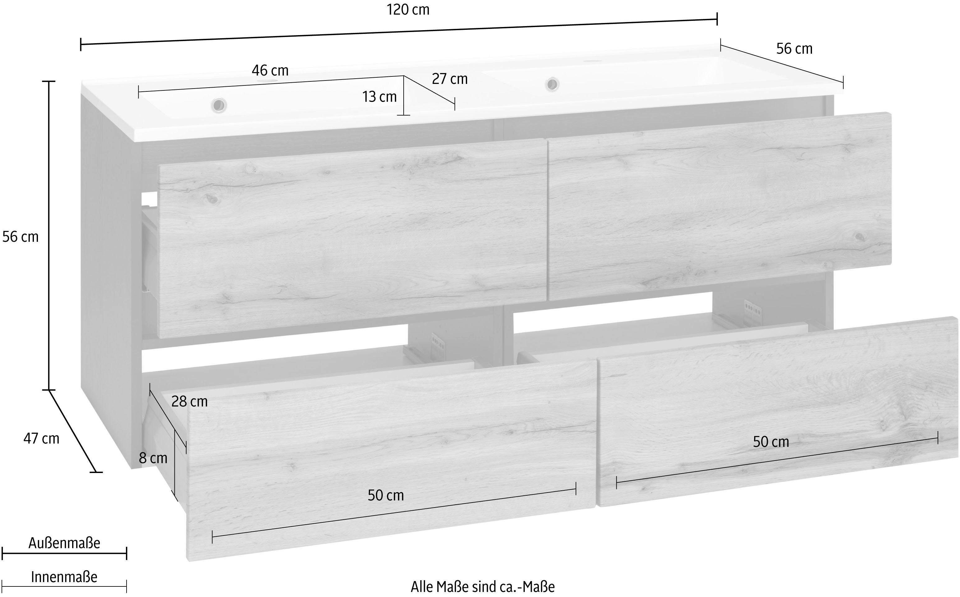 | inkl. 120 cm graphit Waschbeckenunterschrank MÖBEL HELD Waschtisch Lucca eichefarben Breite Badmöbel, Waschbecken,