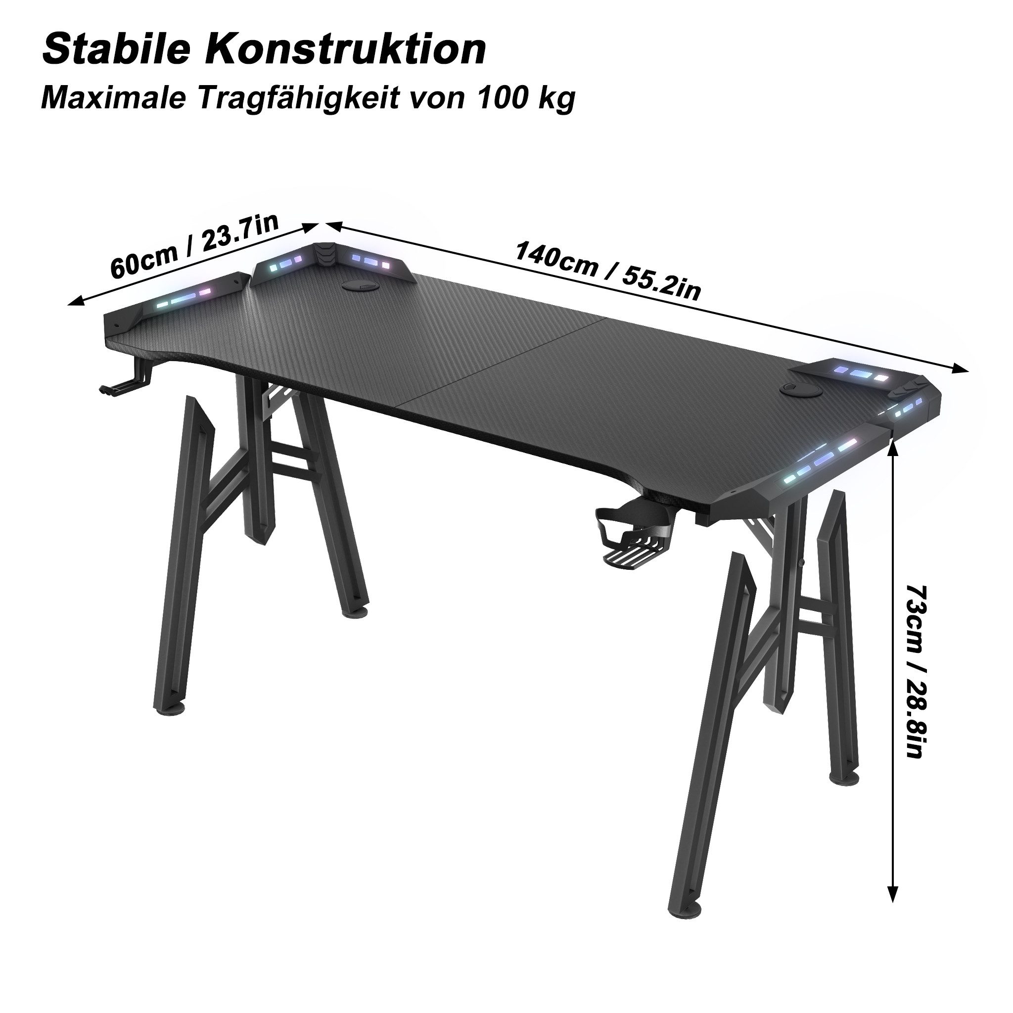 FIVMEN Computertisch Gaming Schreibtisch mit LED M-Frame Computer Tisch Gamingtisch