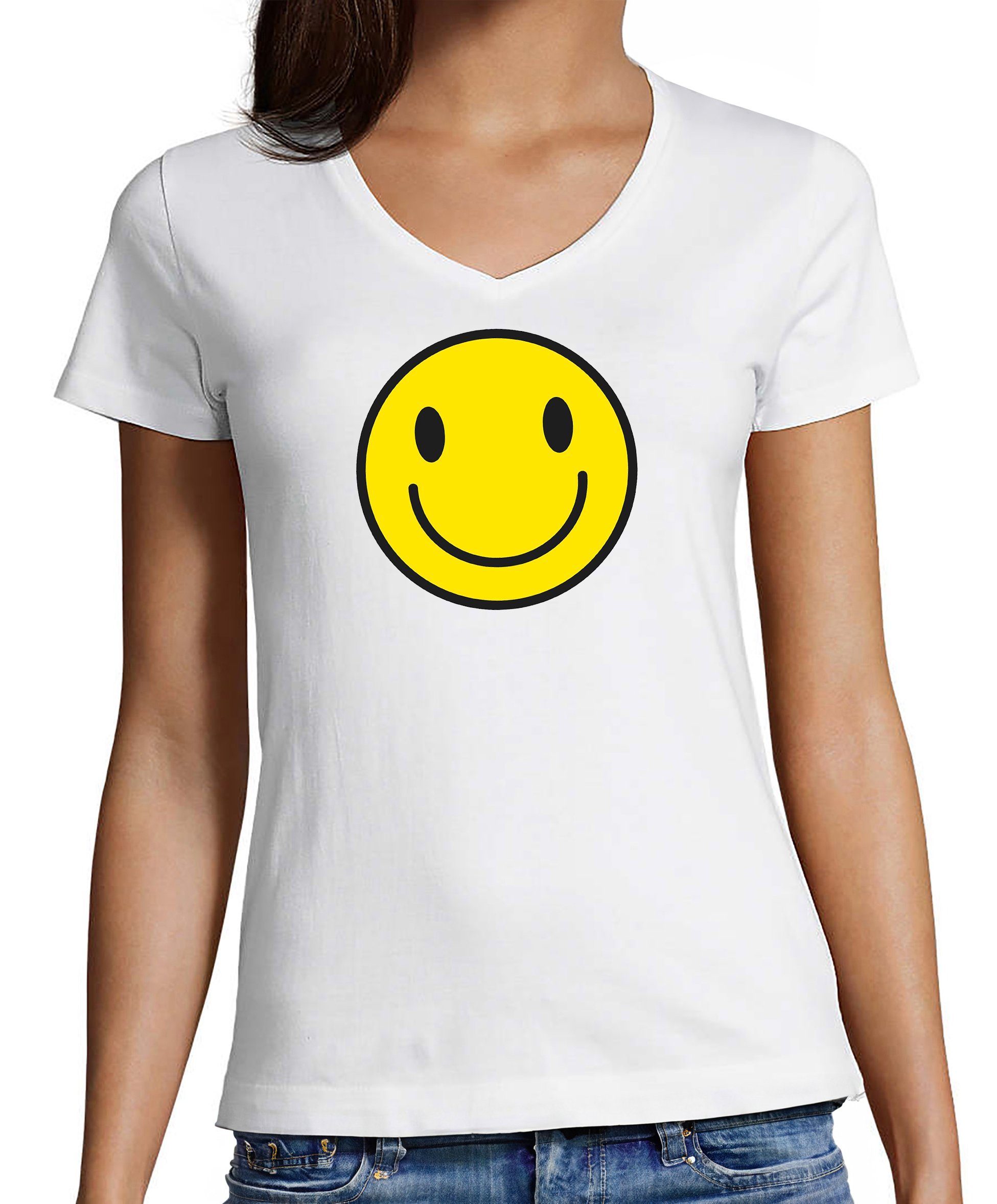 MyDesign24 T-Shirt Damen Smiley Print Shirt - Lächelnder Smiley V-Ausschnitt Baumwollshirt mit Aufdruck Slim Fit, i281 weiss