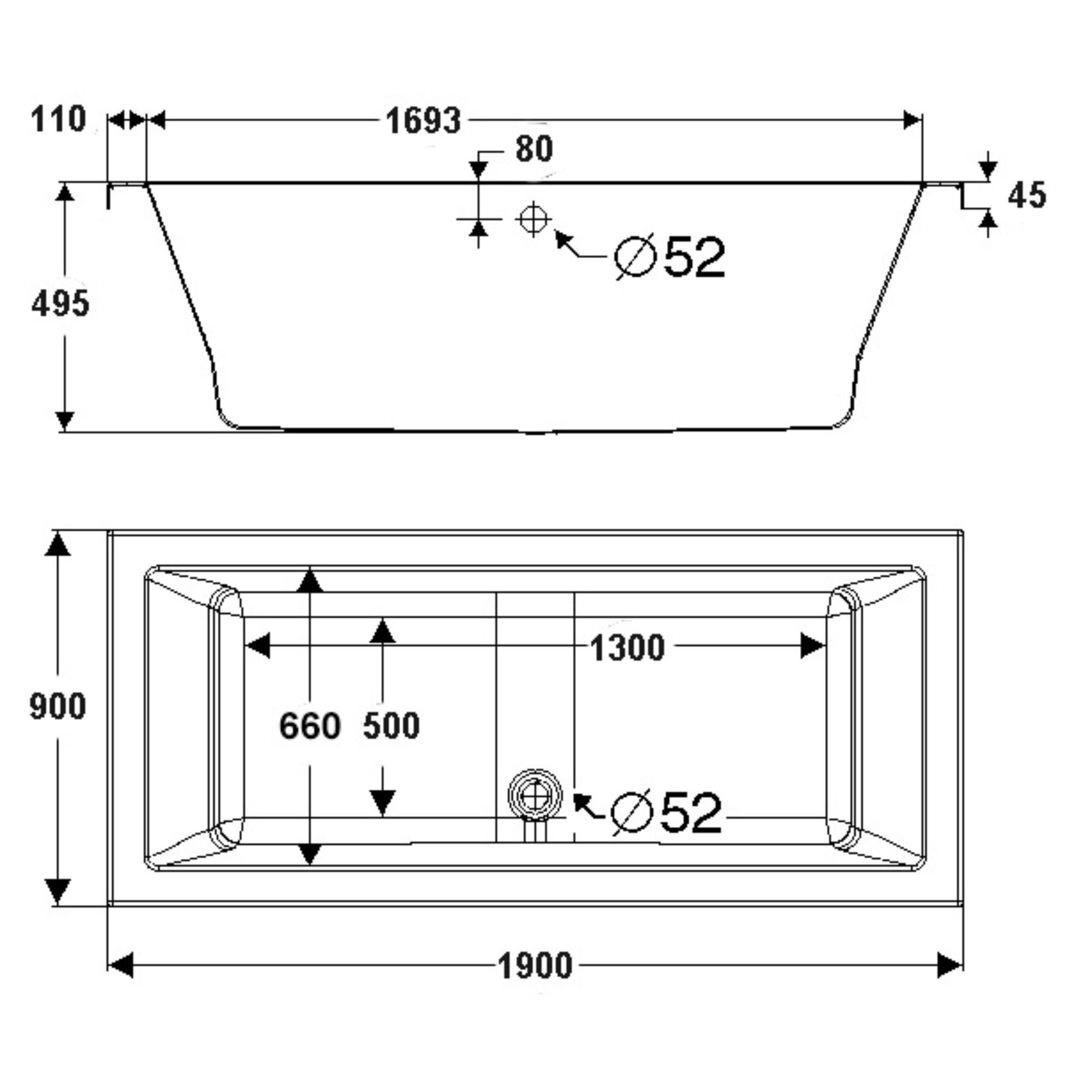 Schulte Badewanne Balos, 190x90 cm Sanitäracryl Weiß Komplett-Set mit Wannenträger und Ablauf