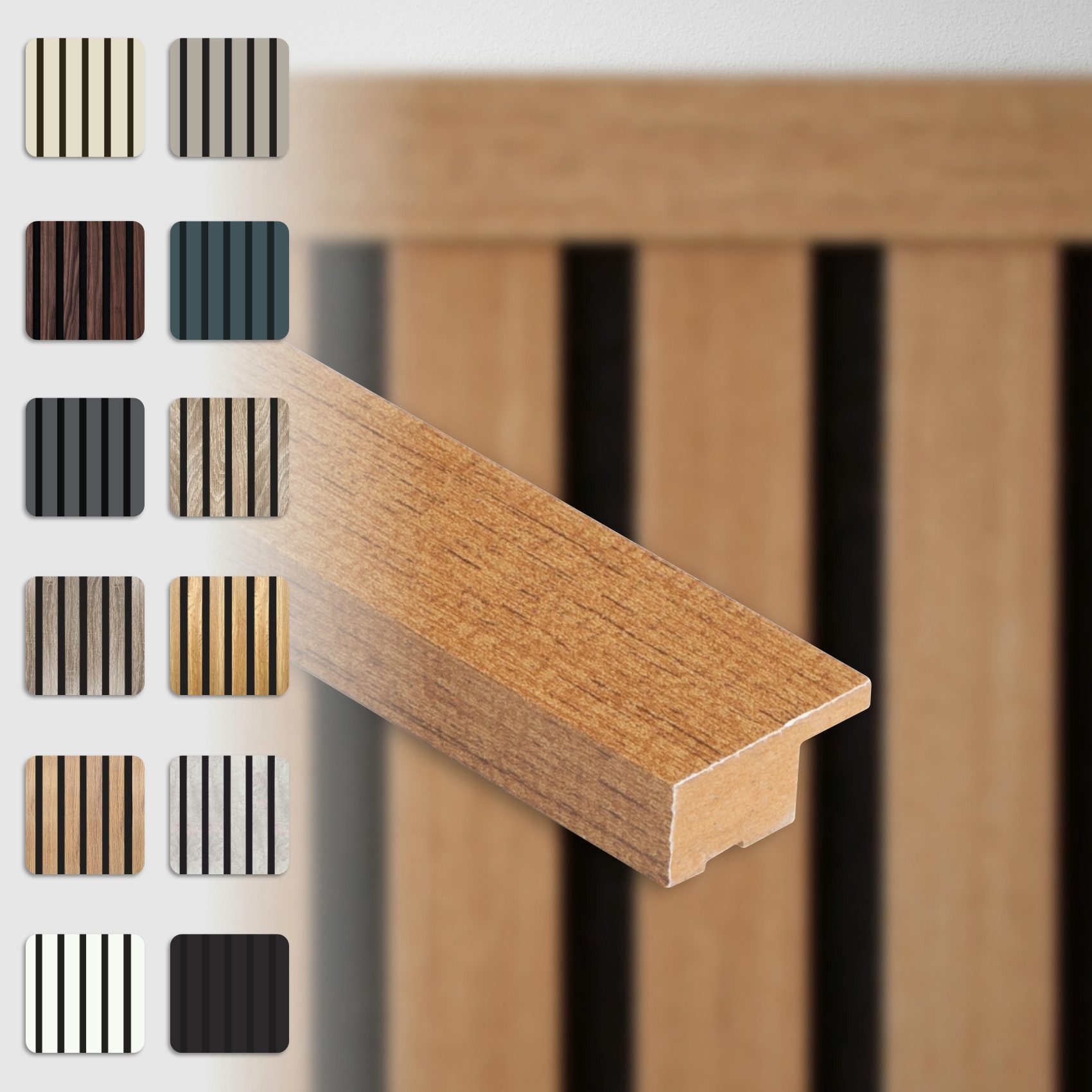 Hexim Wanddekoobjekt (Abschlussleiste 275x2,7cm passend für unsere Akustikpaneele - flexible Lamellenwand Holz MDF Wandpanelee Lamellenverkleidung Wandverkleidung (1 Abschlussleiste Teak - APA09)