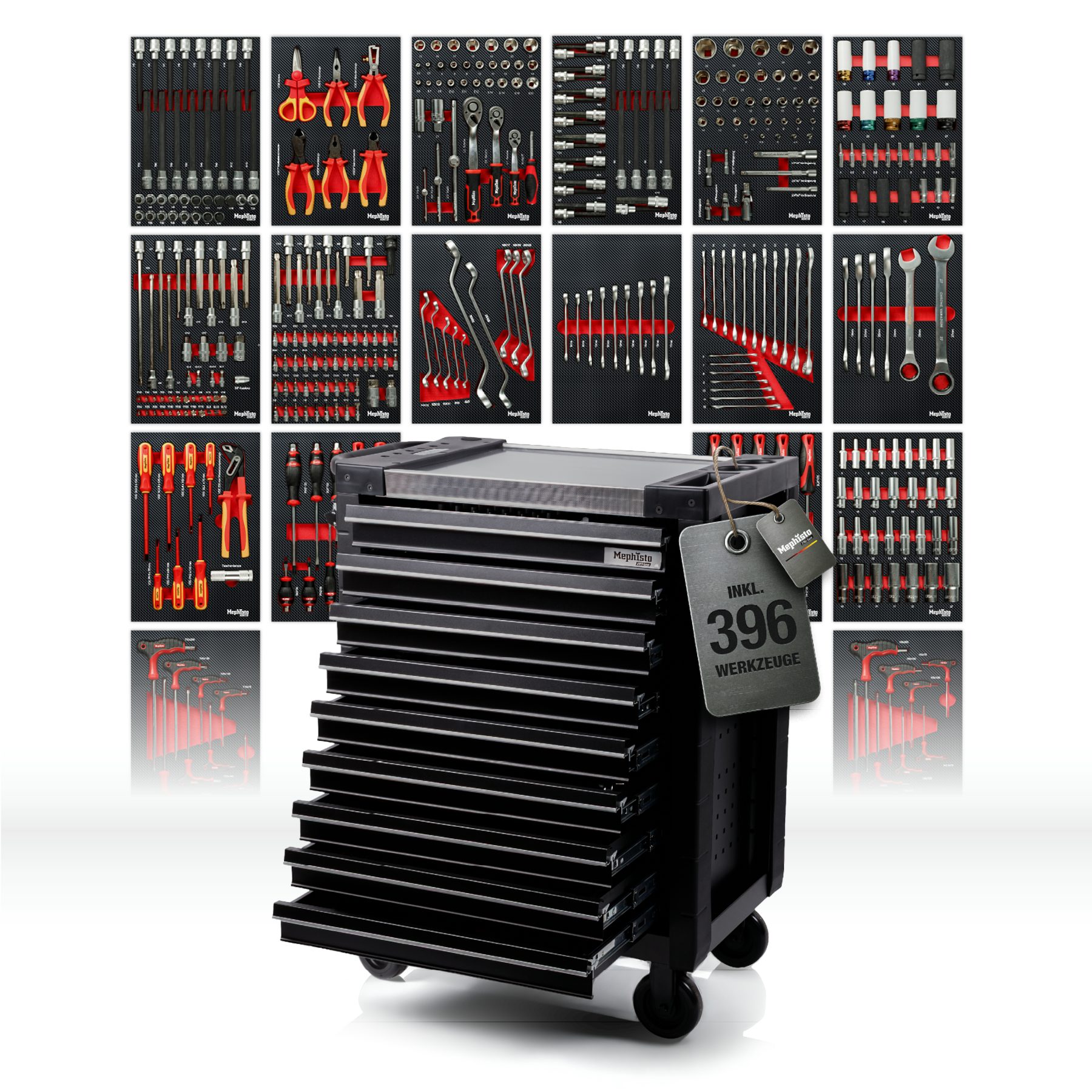 Mephisto-Tools Werkzeugwagen, (fertig montiert und bestückt), Werkzeug aus Chrom Vanadium Stahl, seitlich genormte Lochwand