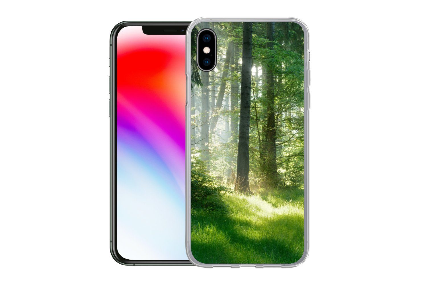 MuchoWow Handyhülle für Apple iPhone XS Natur - Bäume - Wald - Grün - Sonne - Gras - Pflan, Smartphone-Bumper, Print, Handy Schutzhülle Dünn