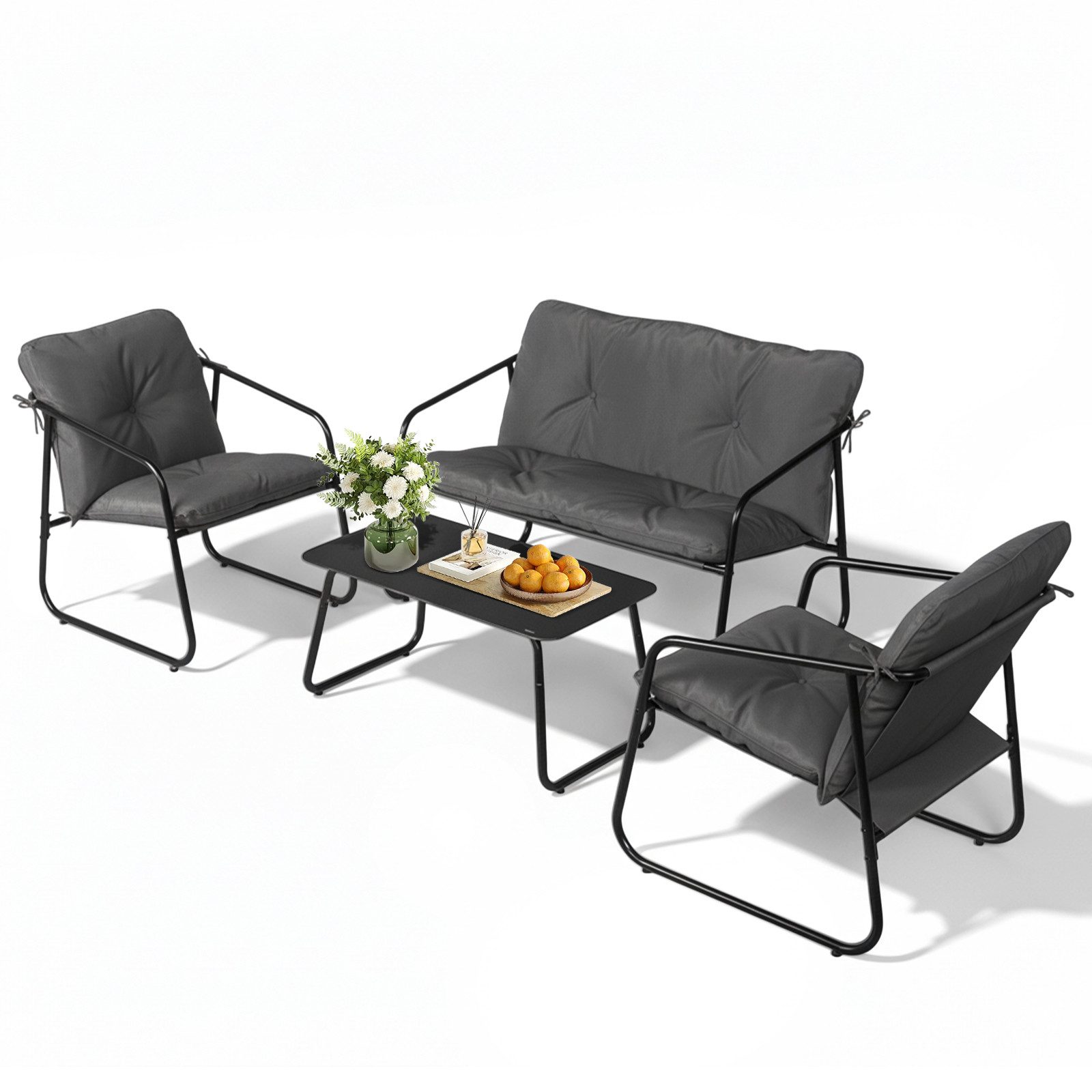 VINGLI Balkonset Gartenmöbel Set 4 teilig, für Garten, Poolbereich, Balkon, Grau/Weiß