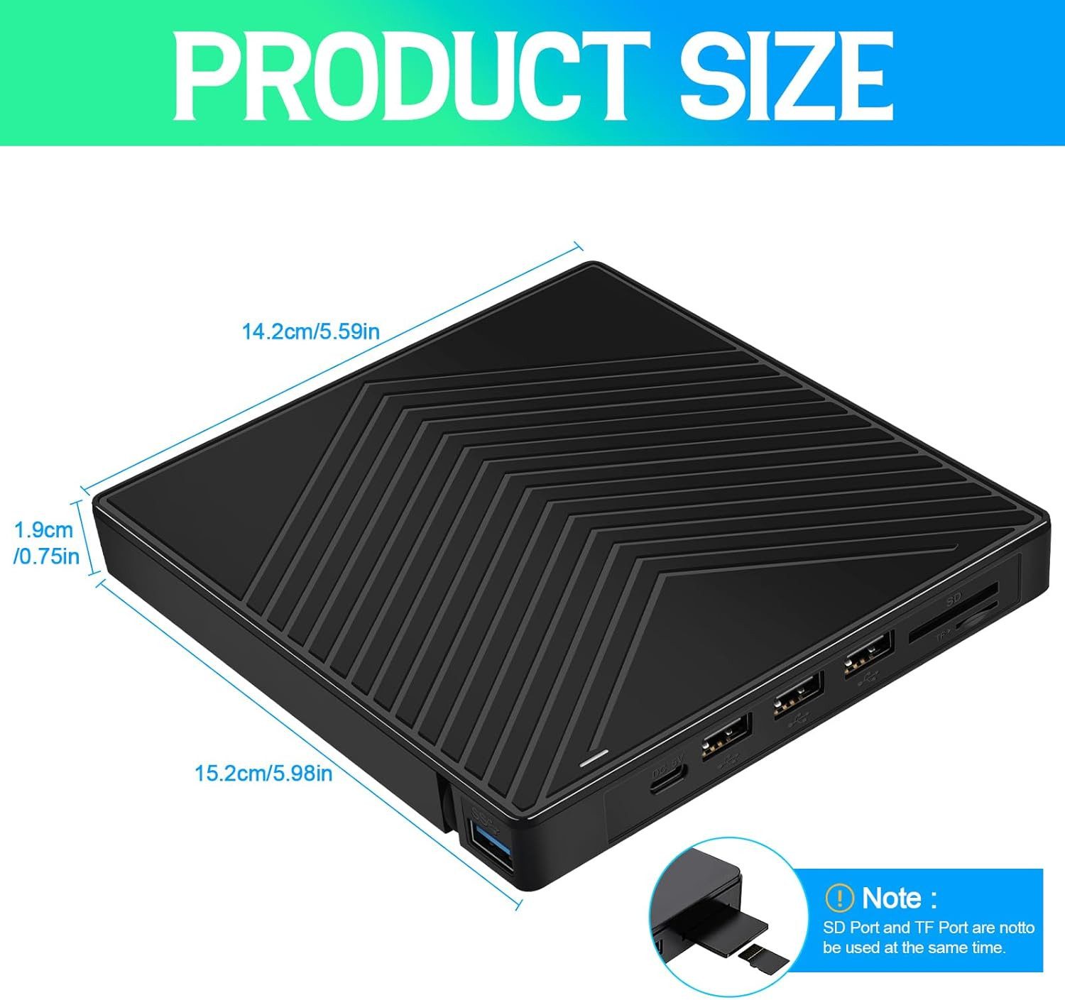 POPOLIC 7 in 1 Externes CD DVD Laufwerk, USB 3.0, schlankes optisches Laufwerk DVD-Brenner (mit 4 Anschlüssen und 2 TF/SD Kartensteckplätzen, für PC Windows 11/ – Bild 5 von 5