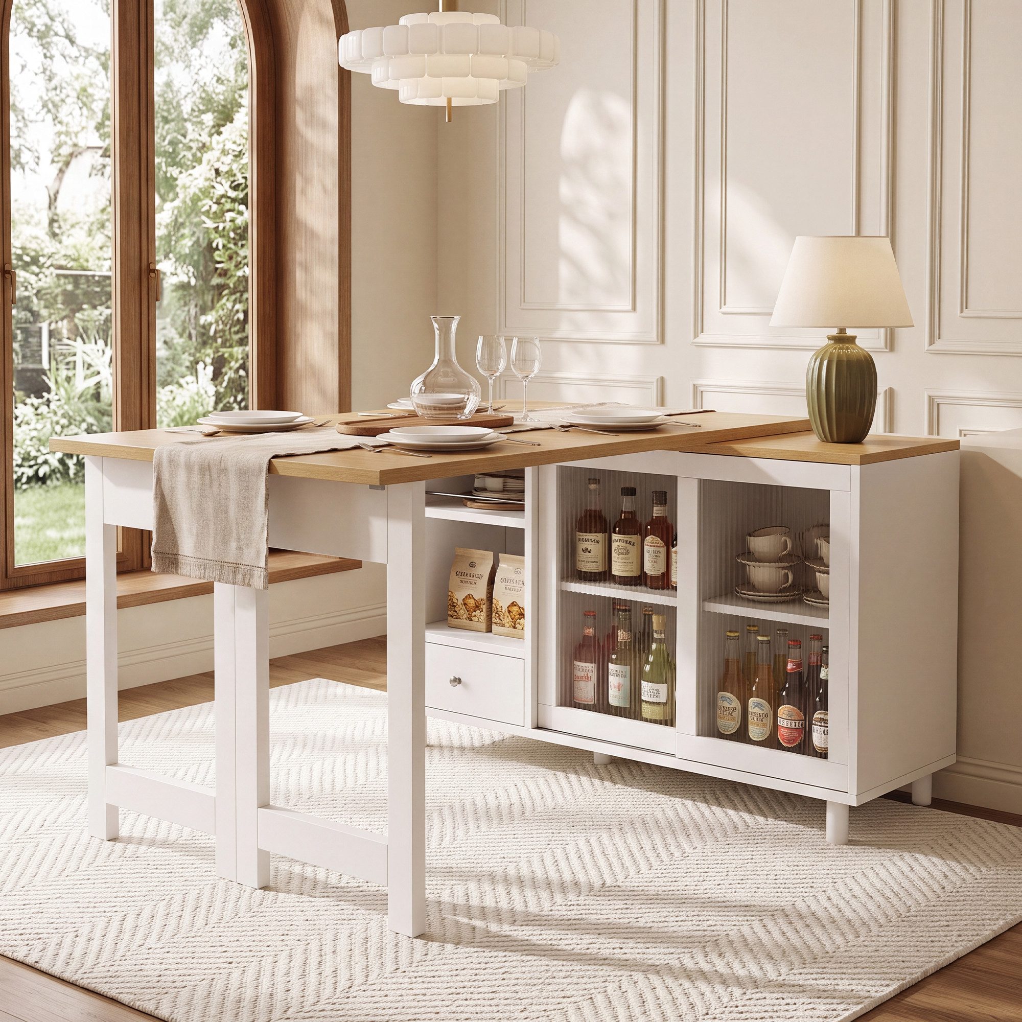 HAUSS SPOLE Esstisch drehbar,Klapp-Küchentisch als Schreibtisch mit Stauraum,Natur+Weiß (Klappbarer Multifunktionstisch mit Ausziehmechanismus und Schubladen), Sideboard mit Esstischfunktion mit offenen Ablagefächern