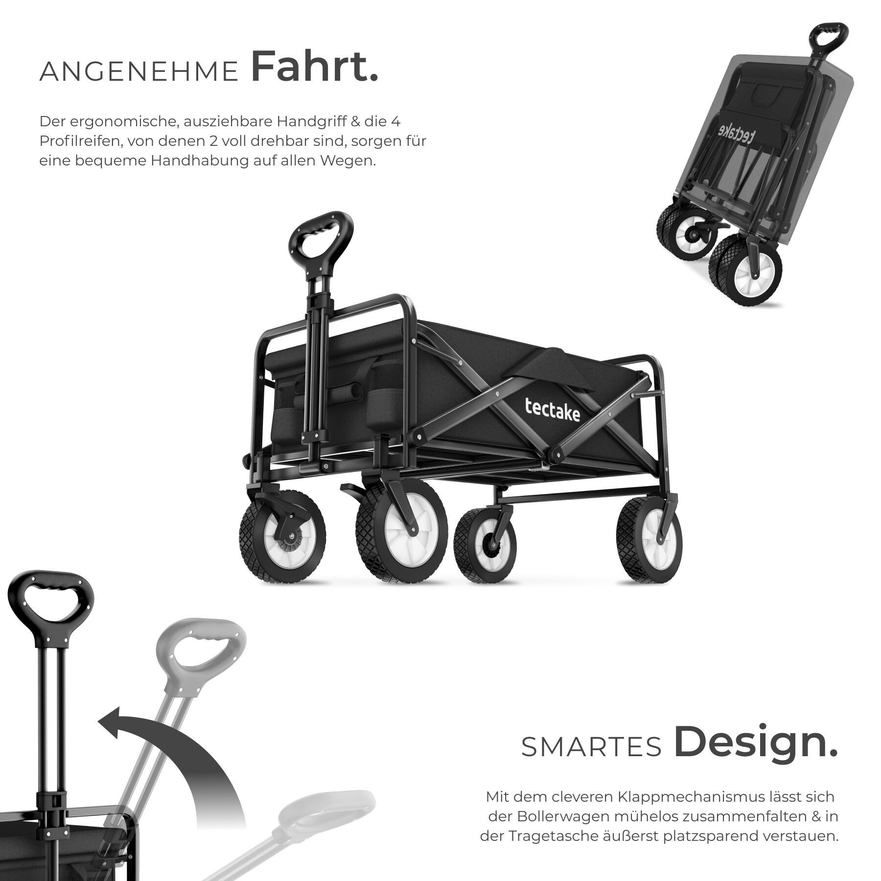 tectake Bollerwagen Faltbarer Handwagen Leon mit Bremsen, Belastbarkeit 80kg (1 Transportwagen, 1-tlg., 97L Volumen in Schwarz), faltbar – Bild 3 von 5