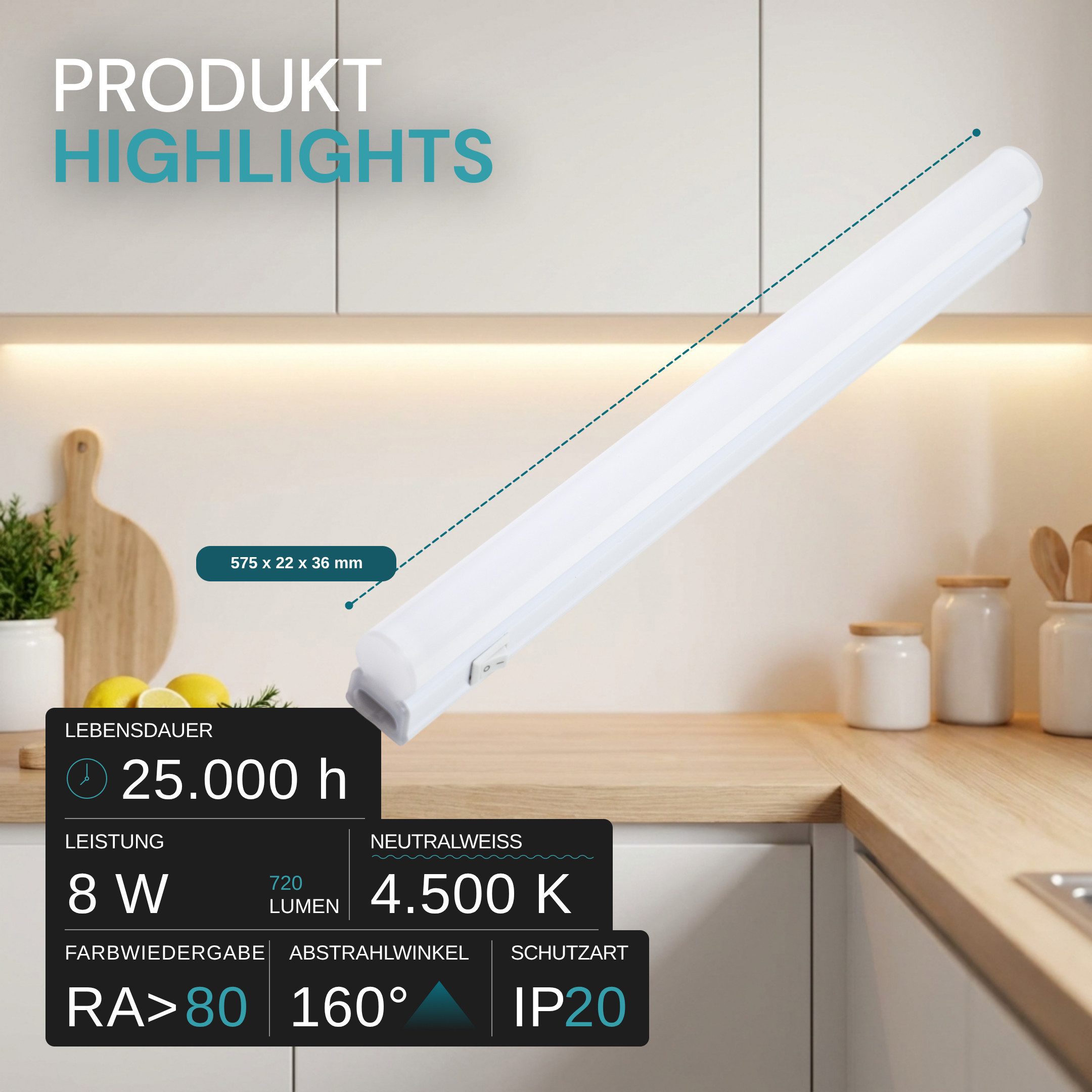 LUXULA LED Unterbauleuchte LUXULA LED Unterbauleuchte 58 cm 8 W 4500 K Neutralweiß Weiß, LED fest integriert, Neutralweiß – Bild 2 von 5