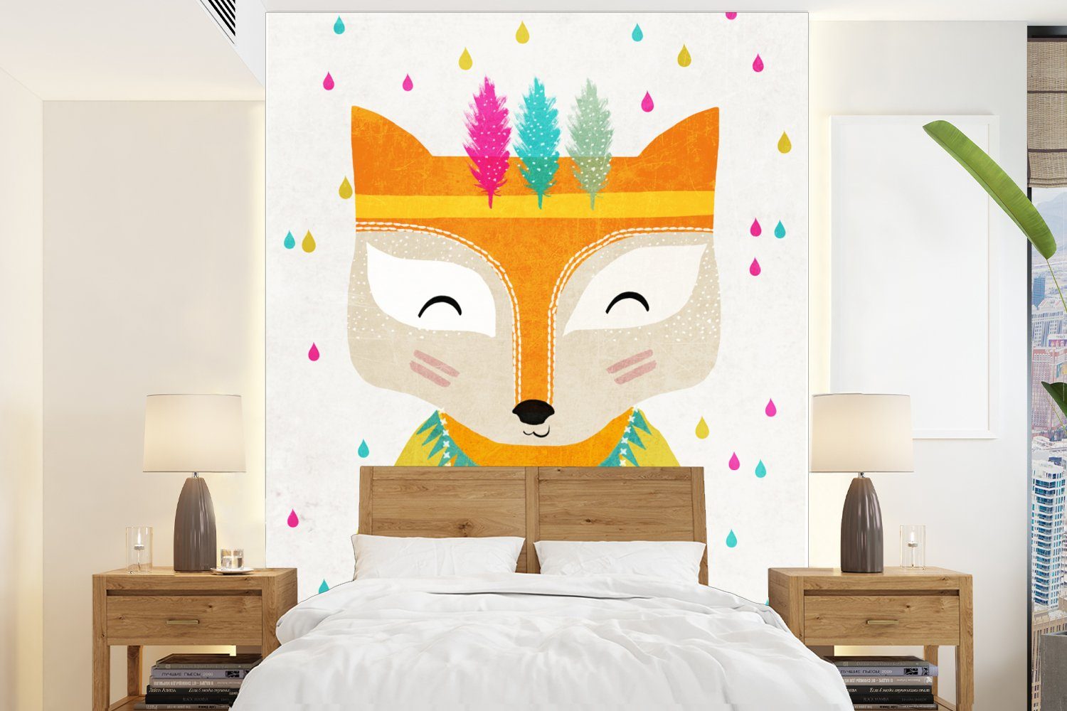 MuchoWow Fototapete Tiere - Farben - Fuchs - Porträt, Matt, bedruckt, (4 St), Montagefertig Vinyl Tapete für Wohnzimmer, Wandtapete