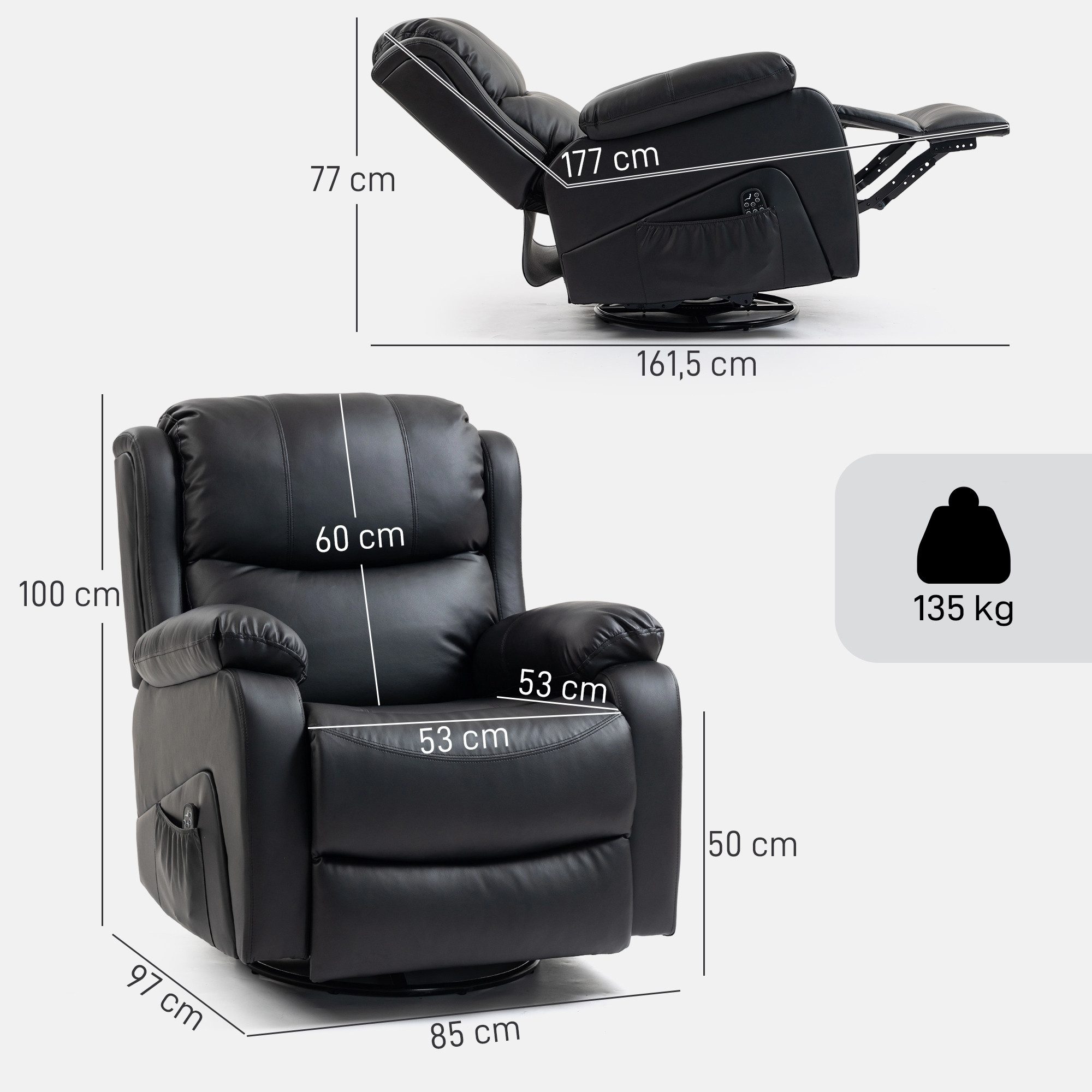 HOMCOM Massagesessel Massagefunktion Fernsehsessel mit Liegefunktion, Heizfunktion (Relaxsessel, 1-St., TV Sessel), mit Wippfunktion, Fernbdienung, Kunstleder, Seitentasche Schwarz