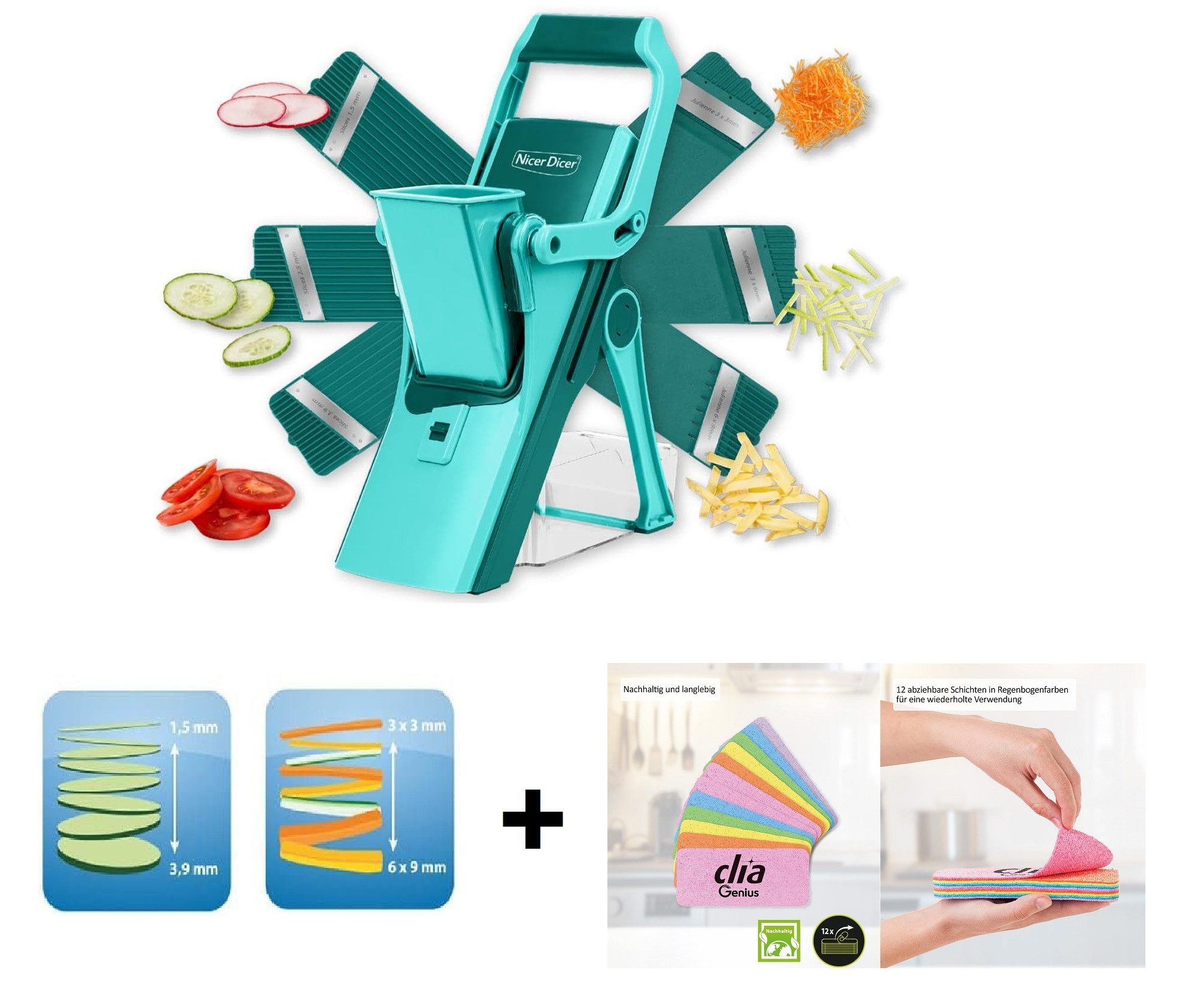 Genius Gemüsehobel Genius Gemüseschneider Nicer Dicer Mando 13tlg.Gemüsehobel + Rainbow, Kunststoff, Edelstahl, (Gemüsehobel-Set bestehend aus 13 Teilen)