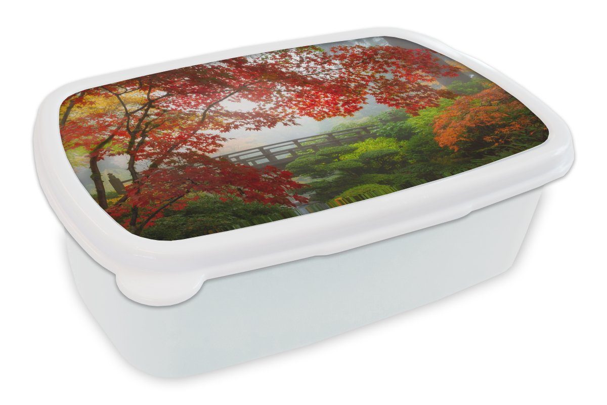 MuchoWow Lunchbox Japanischer Ahorn - Bäume - Brücke - Natur - Japanisch, Kunststoff, (2-tlg), Brotbox für Kinder und Erwachsene, Brotdose, für Jungs und Mädchen weiß