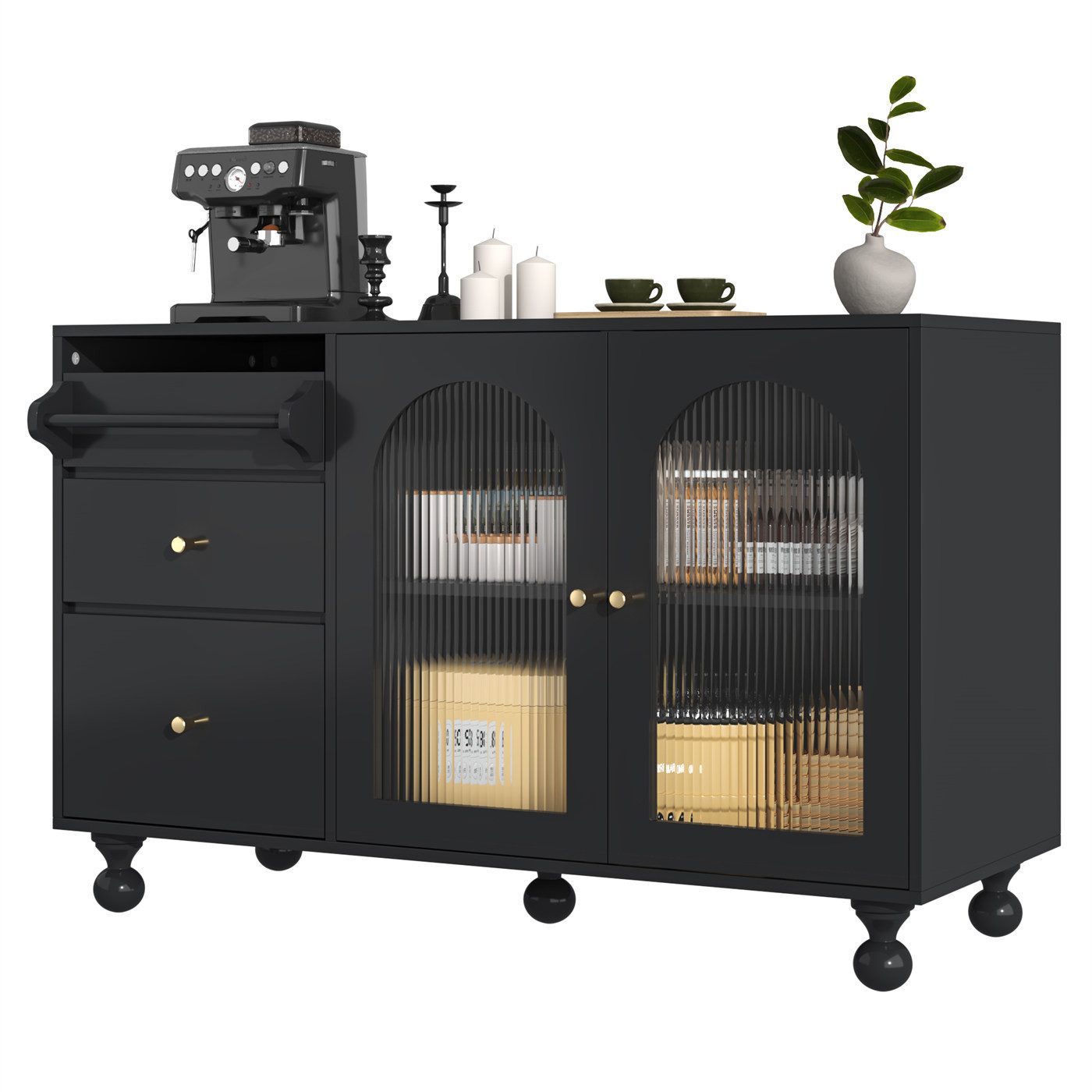 Sideboard Hochschrank,Sideboard mit Glastür und Handtuchhalter-Design