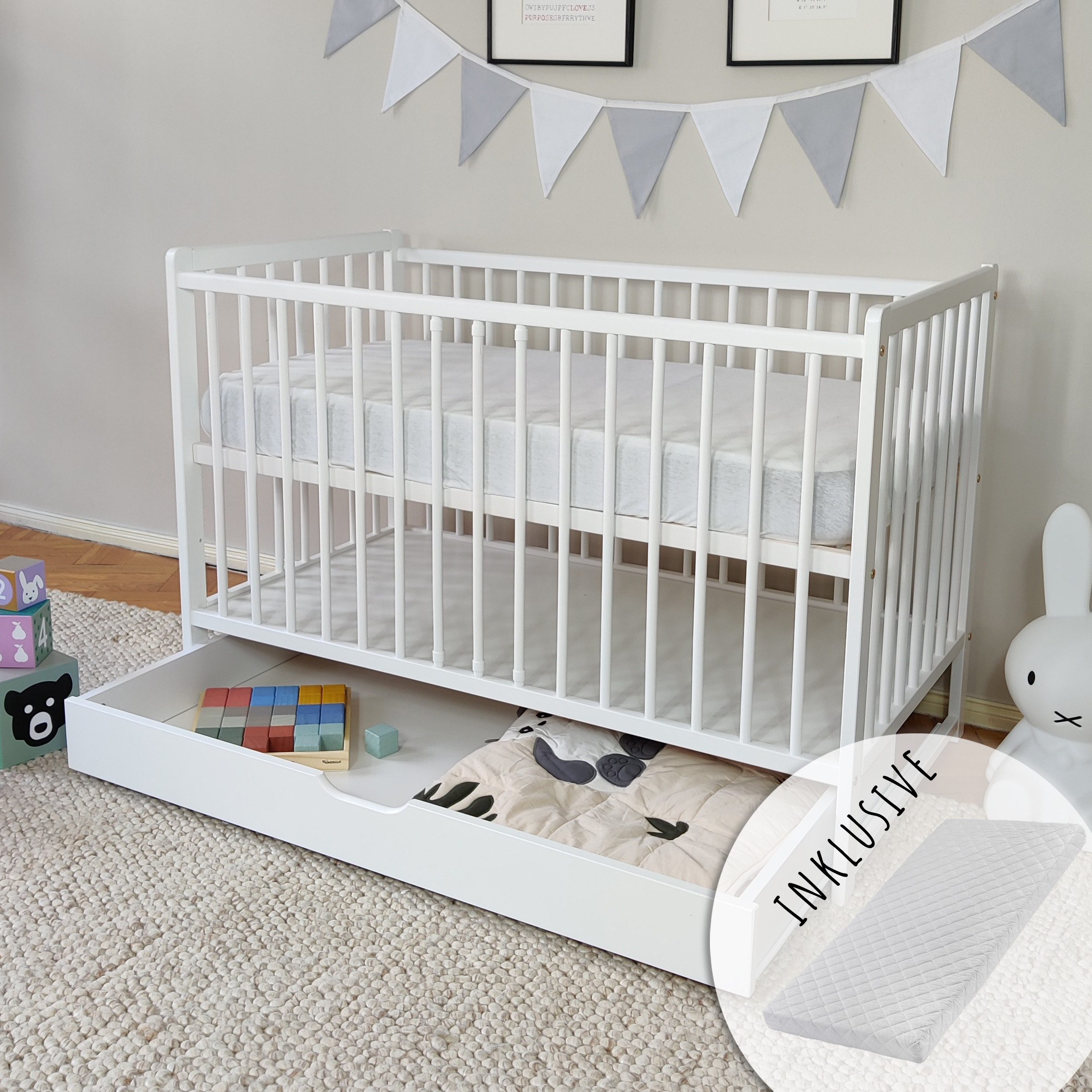 Babybett Gitterbett mit Schublade Kinderbett 60x120 höhenverstellbar