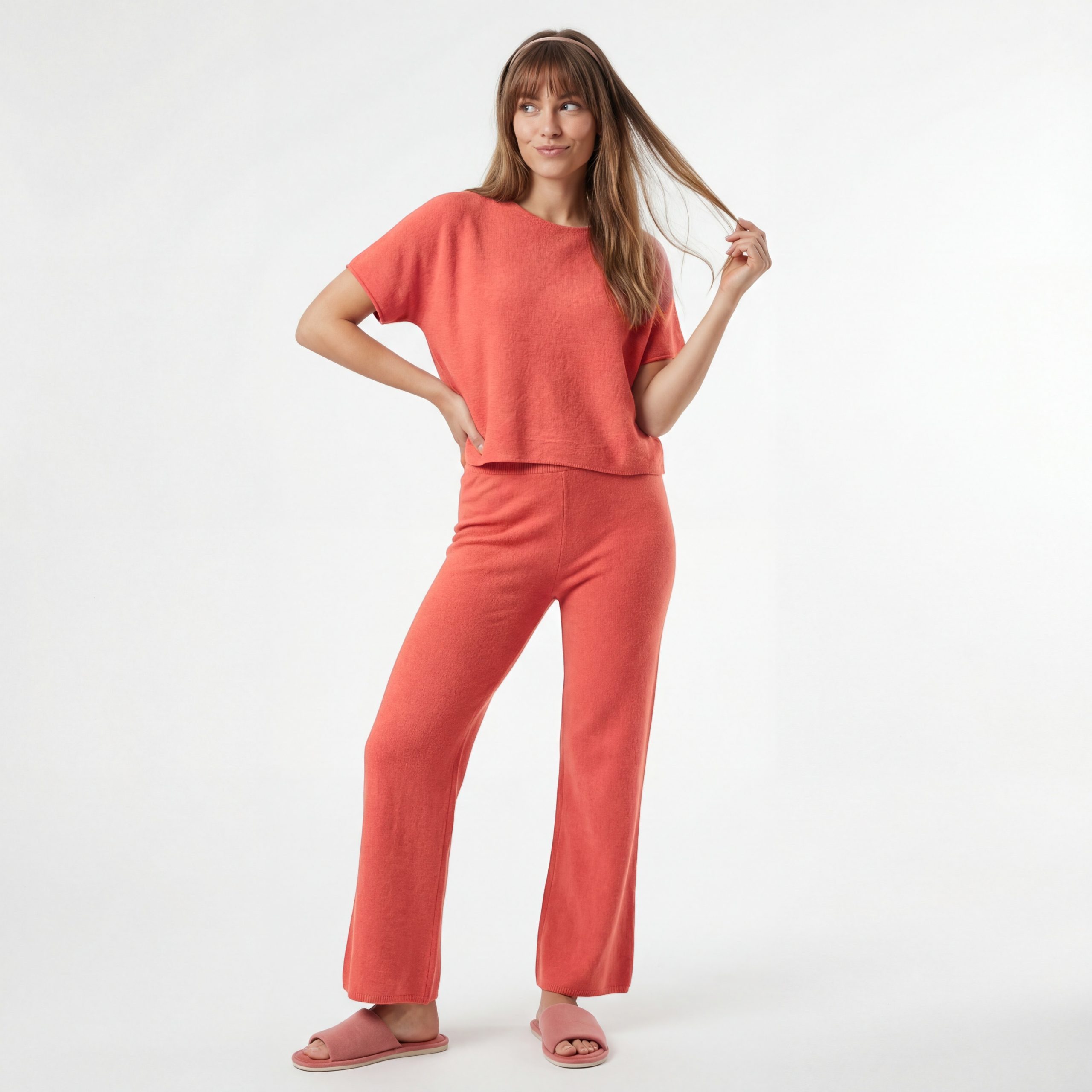 OriginalYou Loungeanzug Damen Feinstrick Set 2-teilig Strickhose mit Stretchbund Kurzarm Shirt One Size Passform 36–40 (36-38 Relaxed, 38-40 Regular)