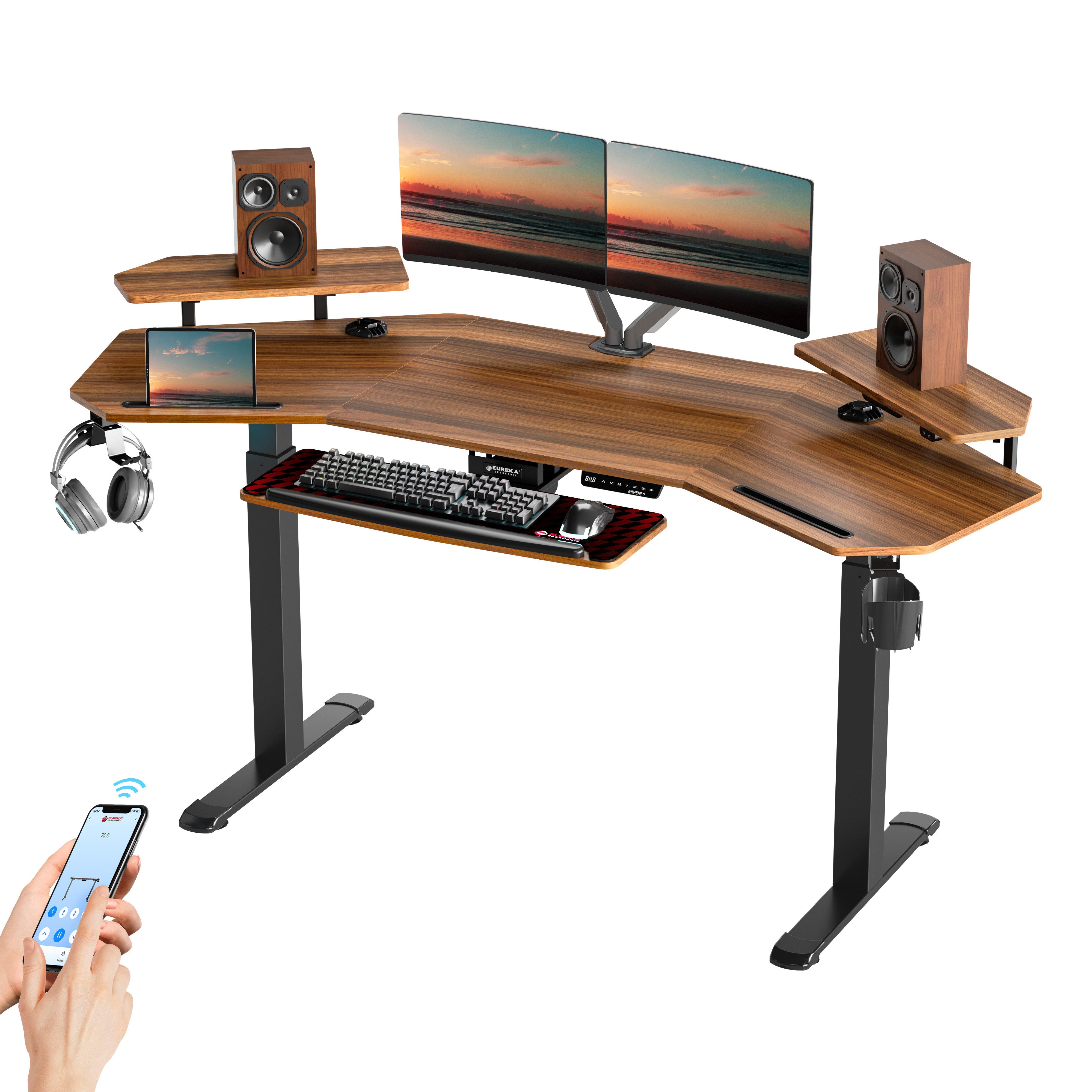 EE EUREKA ERGONOMIC Computertisch Höhenverstellbarer Eckschreibtisch mit LED 182×76cm Flügelförmiger (Gaming Tisch mit iPad-Rillen, Kabelführungslöcher, Kopfhörerhaken), Große Gaming Schreibtisch mit Monitorständer für Home Office Streaming