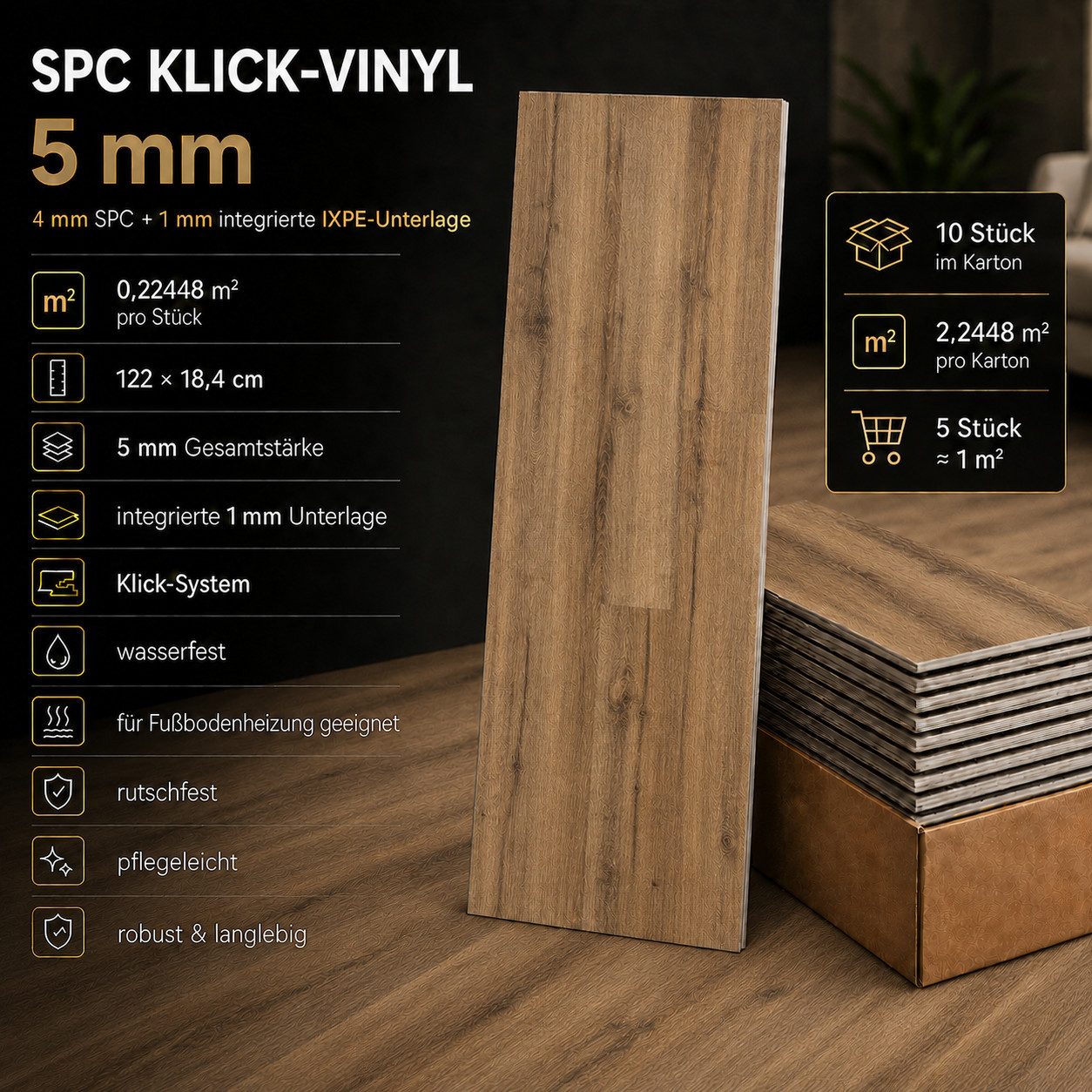 Berti Graf Designboden SPC Vinylboden 5 mm Klick wasserfest mit Trittschalldämmung, kleberfrei, pflegeleicht – Bild 3 von 5