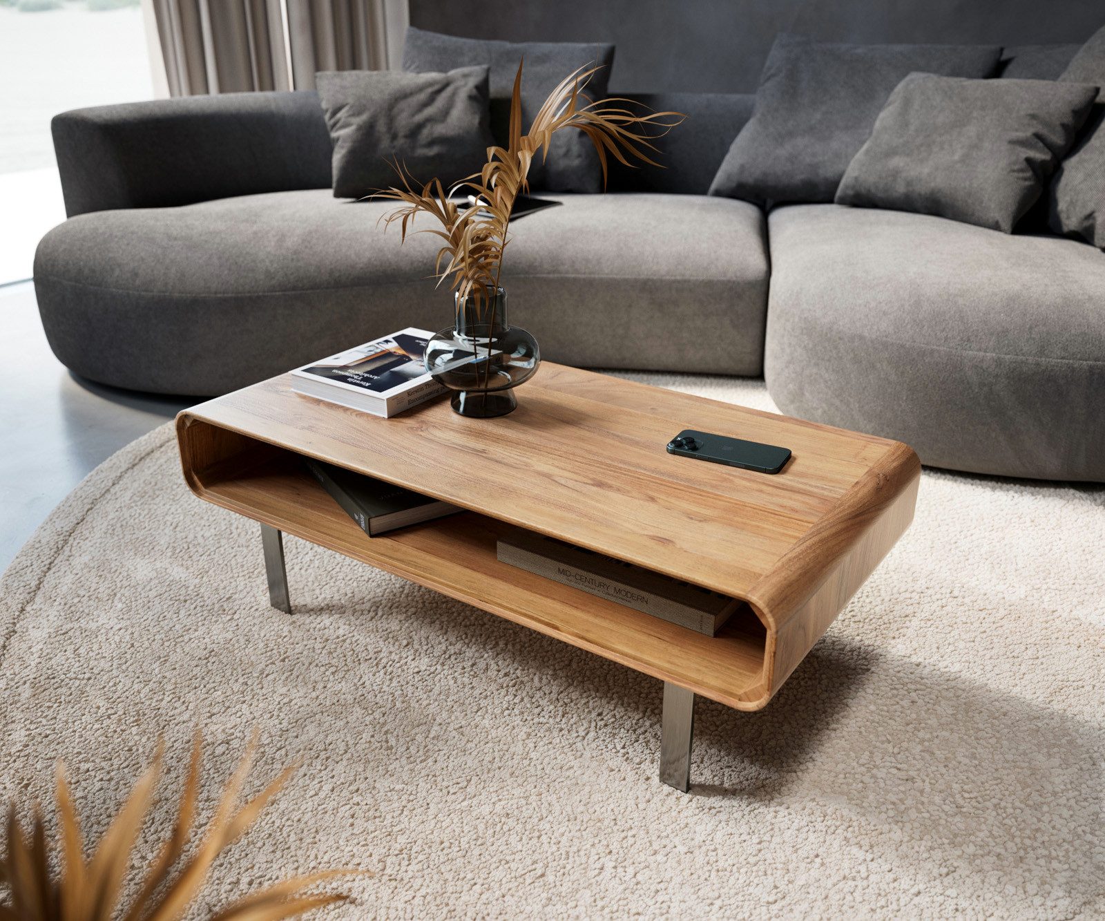 DELIFE Couchtisch Anaya, Akazie Natur 100x50 cm 1 Fach L-Fuß Edelstahl Couchtisch