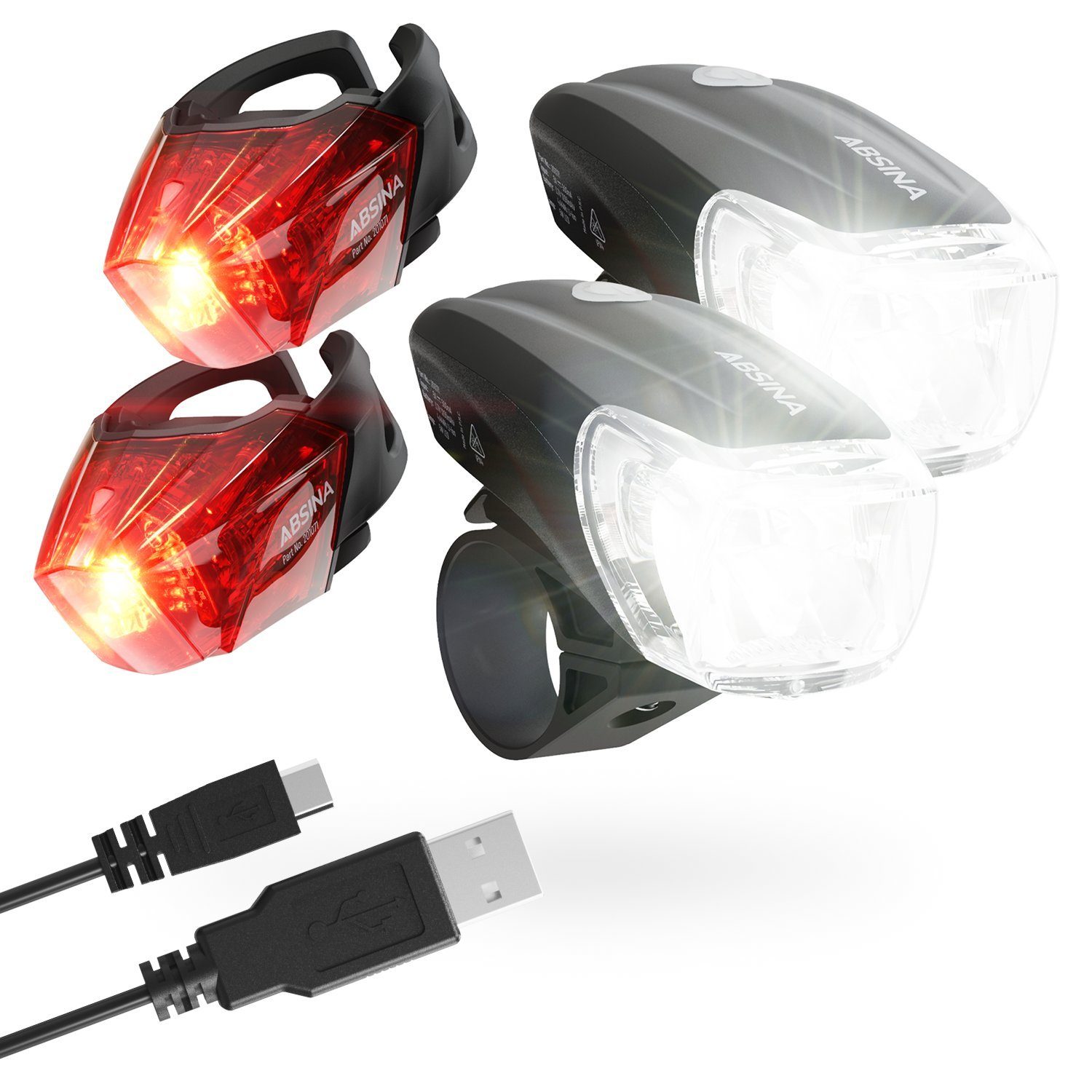 ABSINA Fahrradbeleuchtung 2x LED Fahrradlicht Set USB aufladbar - StVZO Fahrradlampe