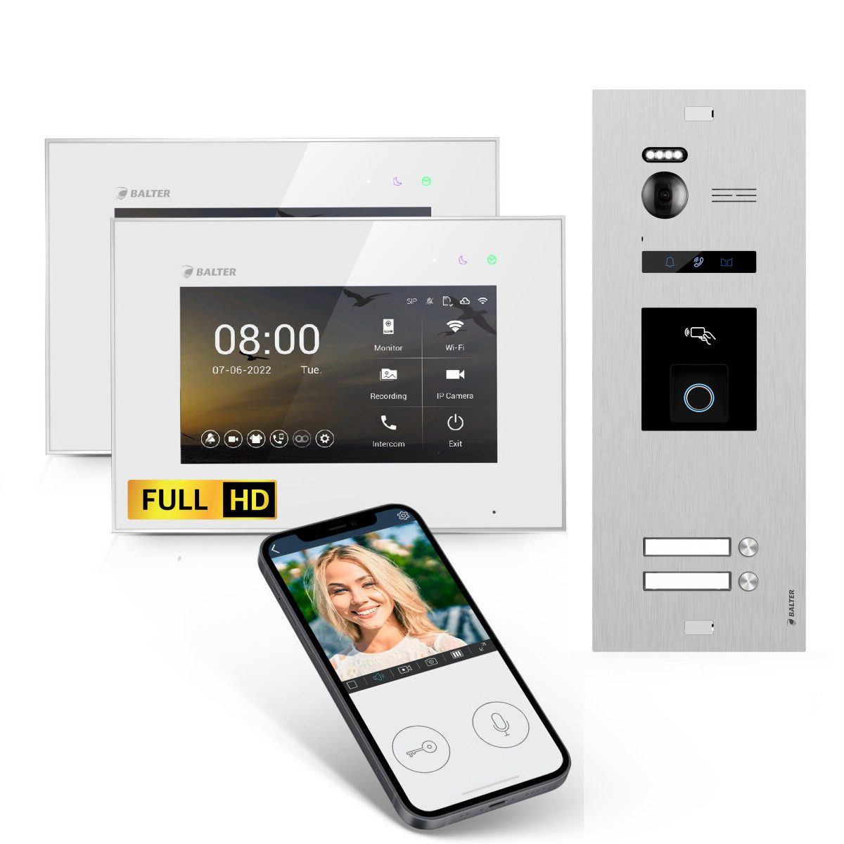 Balter Video-Türsprechanlage EVO HD WLAN Set Silber für 2-Familien Fingerprint 2x Monitore Weiß (Set, 2-Familienhaus, Komplettsett, Full HD 175° Kamera, Fingerprint, RFID)