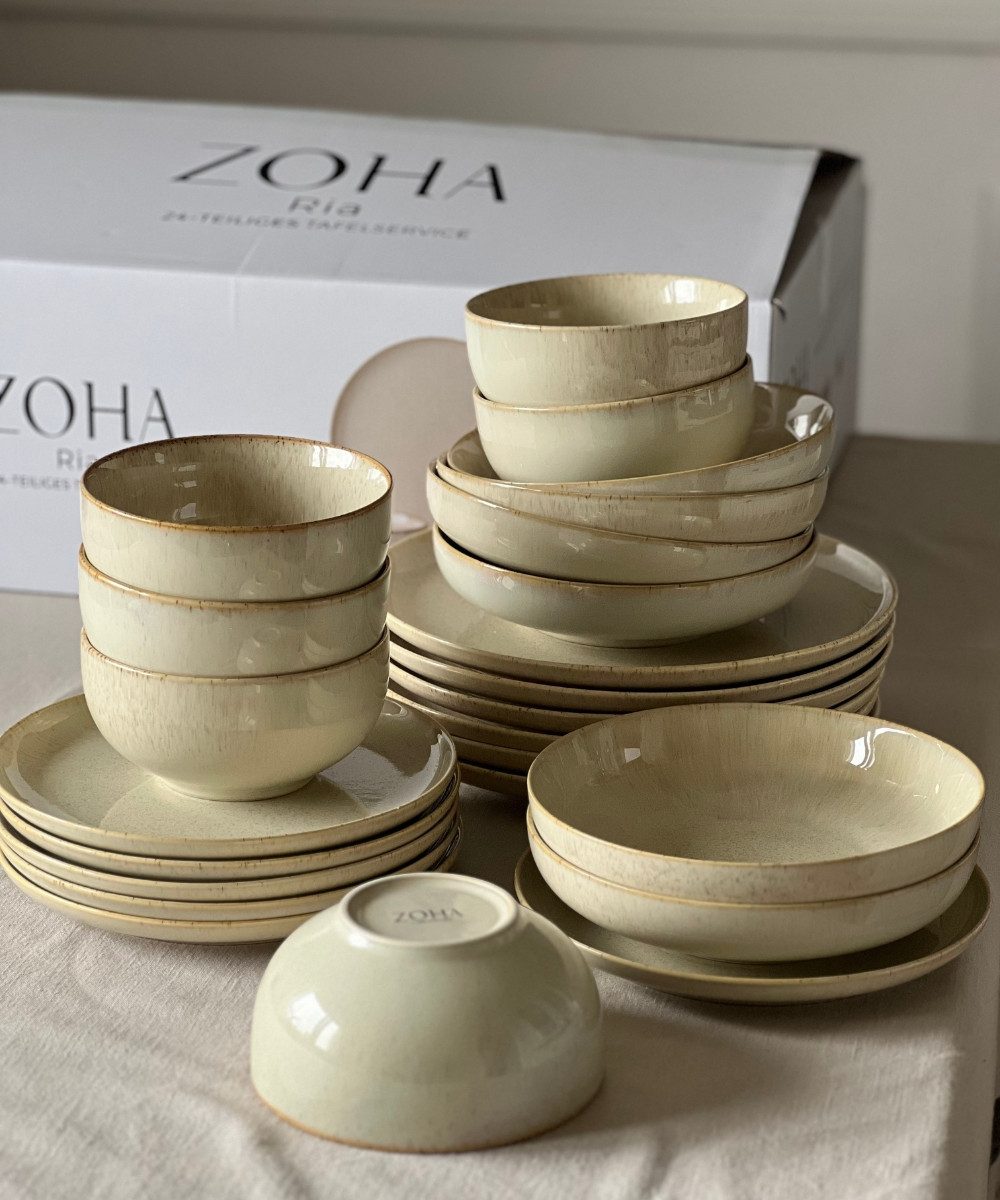 Zoha Geschirr-Set Ria 24 - teiliges Geschirrset in Beige (24-tlg), 6 Personen, Porzellan, Spülmaschinen, Mikrowellen geeignet