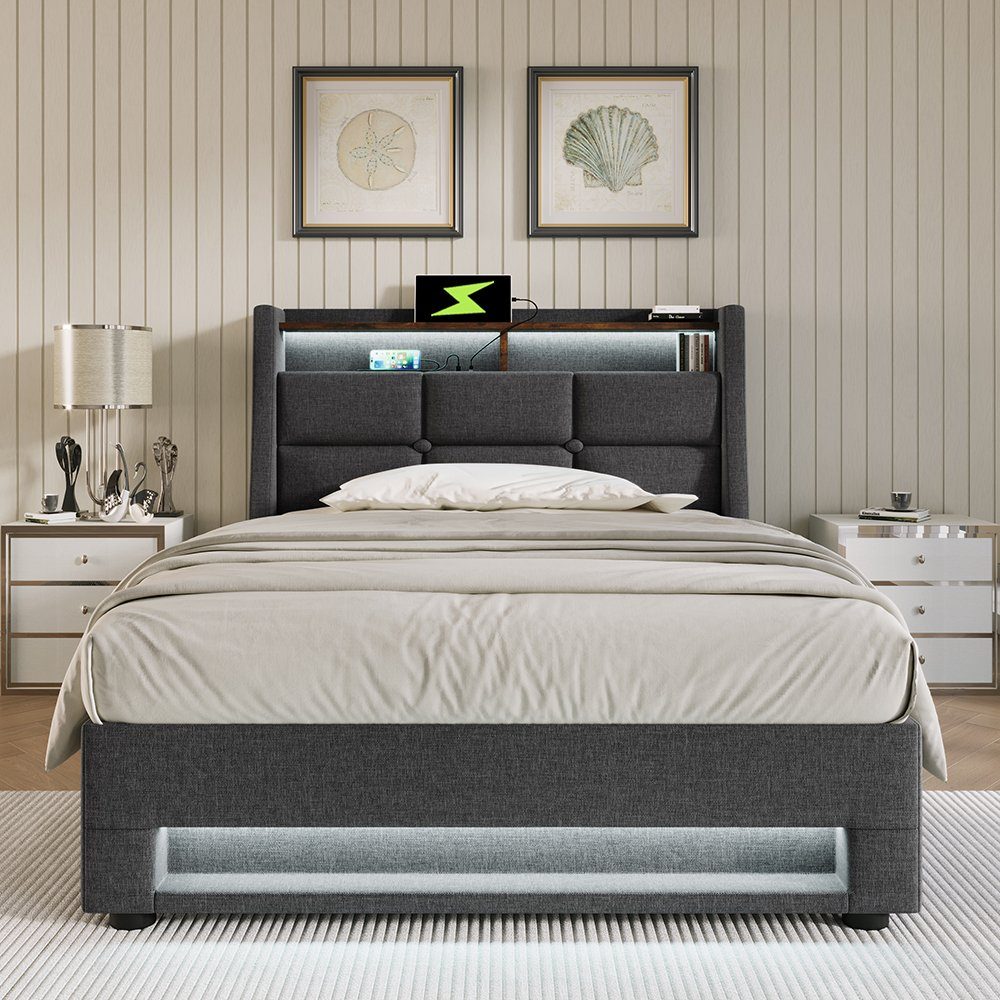 Polsterbett (Funktionsbett, 90x200 cm Hydraulisches Bett mit Lattenrost), Stauraumbett mit LED-Beleuchtung und USB-Anschluss, Baumwolle-Leinen