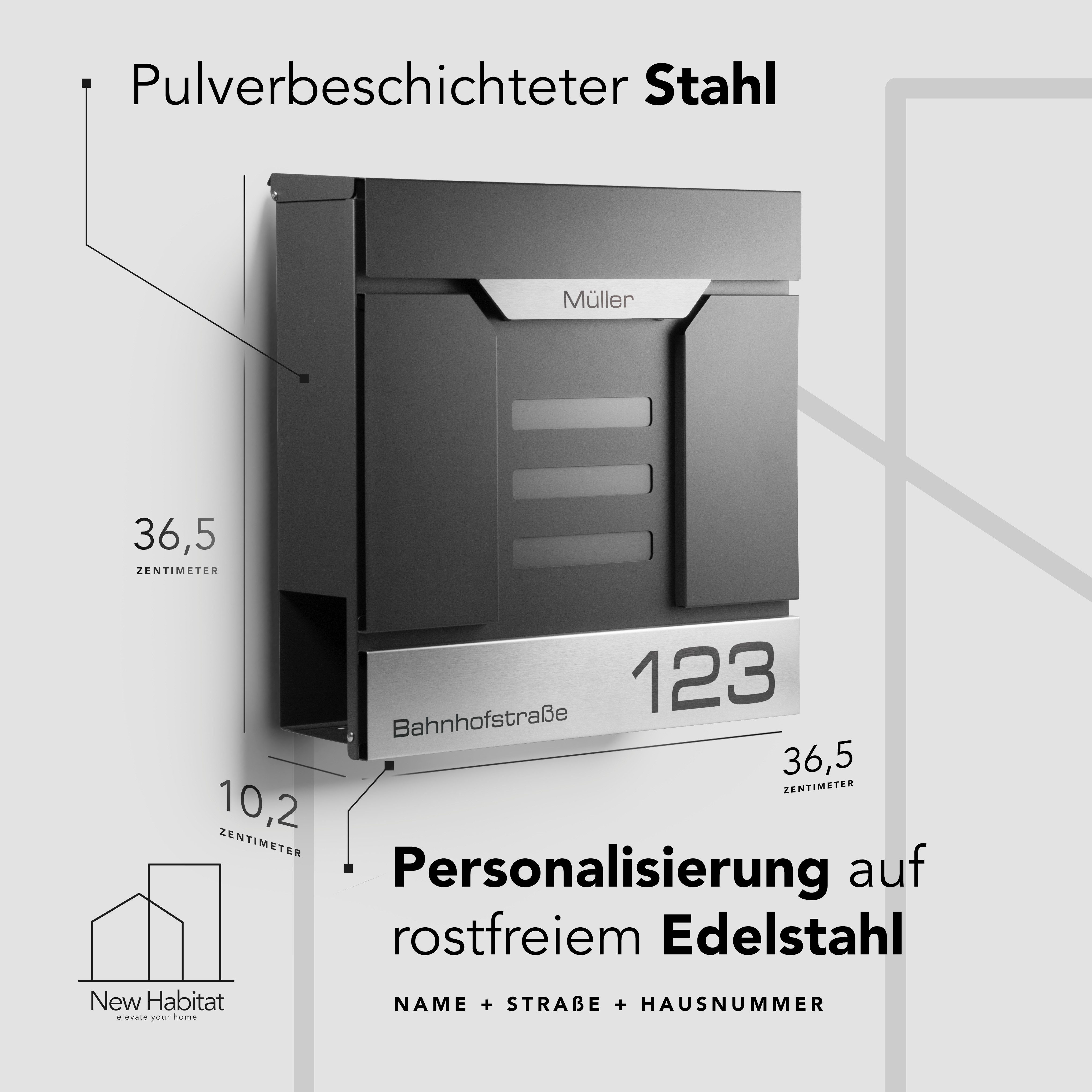 NewHabitat Briefkasten Moderner Wandbriefkasten Personalisierbar Anthrazit RAL7016 (Komplettset, Modell: Mailand), Rostfrei