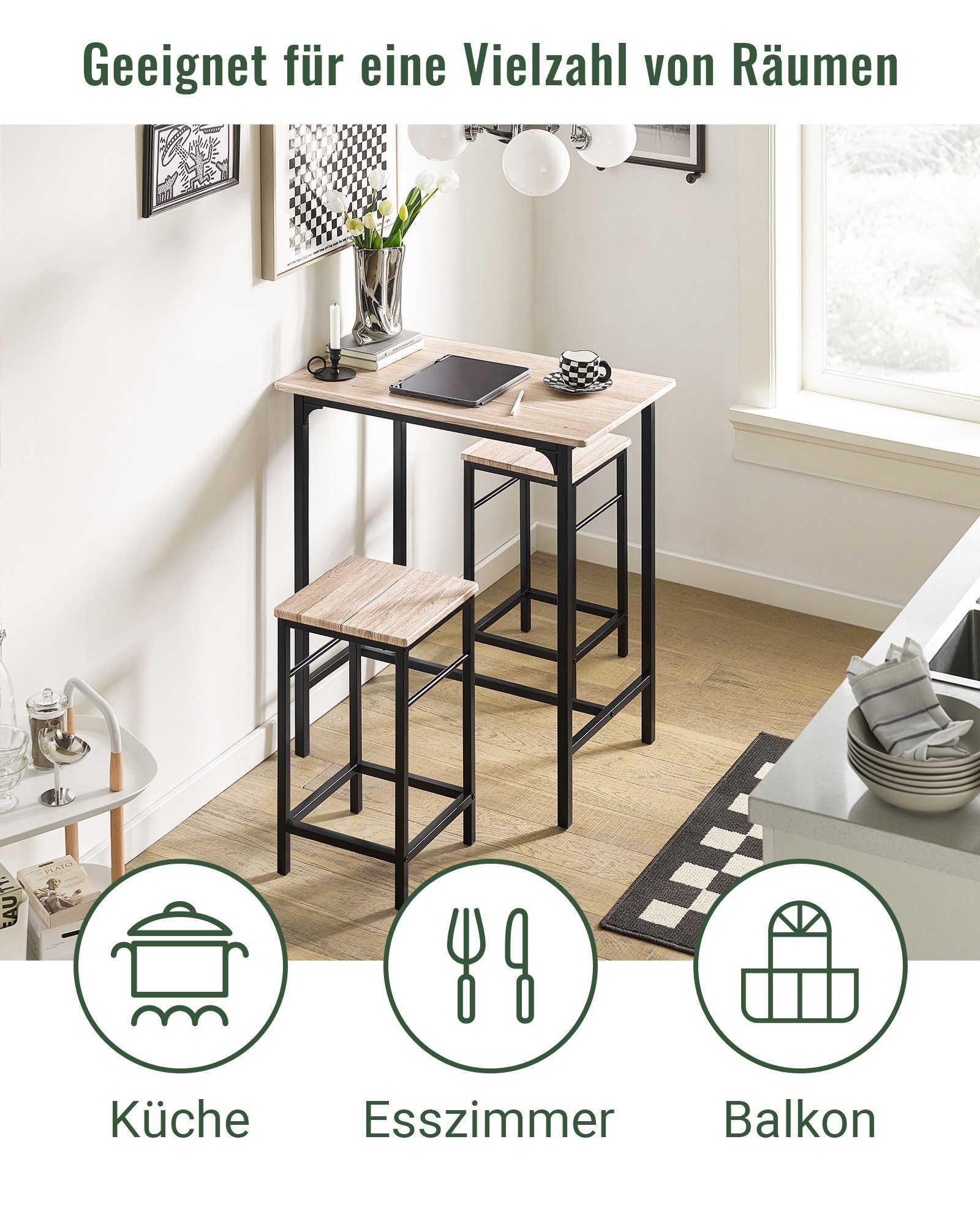 SoBuy Sitzgruppe mit 2 Stühlen Holz Metall Natur Schwarz OGT10-N günstig online kaufen