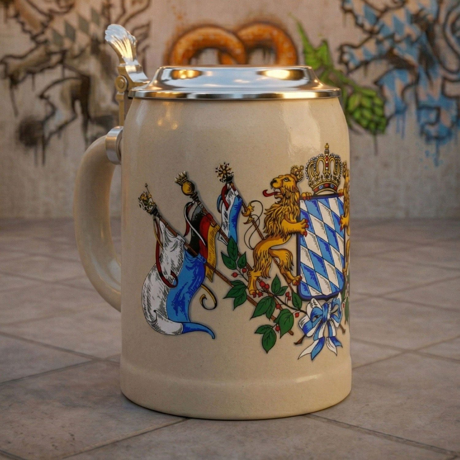Bavariashop Bierkrug Steinkrug Bayern mit Deckel • Bierkrug mit Wappen • 0,5 Liter, Steinzeug – Bild 4 von 4