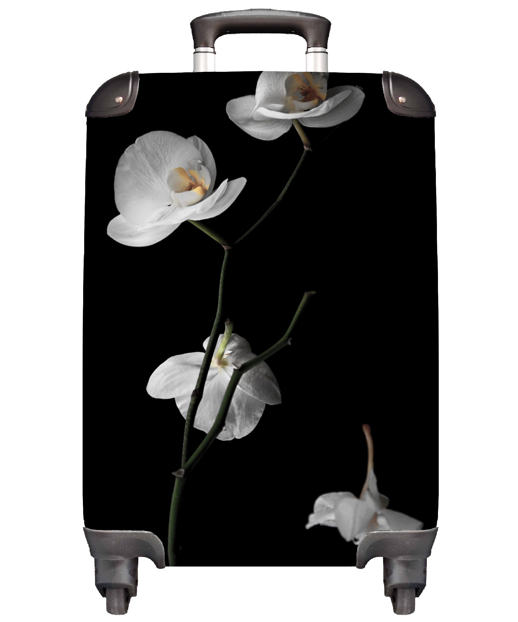 MuchoWow Orchidee Blumen - für Handgepäckkoffer Ferien, - mit - - Handgepäck Schwarz Rollen, Reisekoffer 4 Stilleben, Reisetasche Weiß Trolley, rollen,