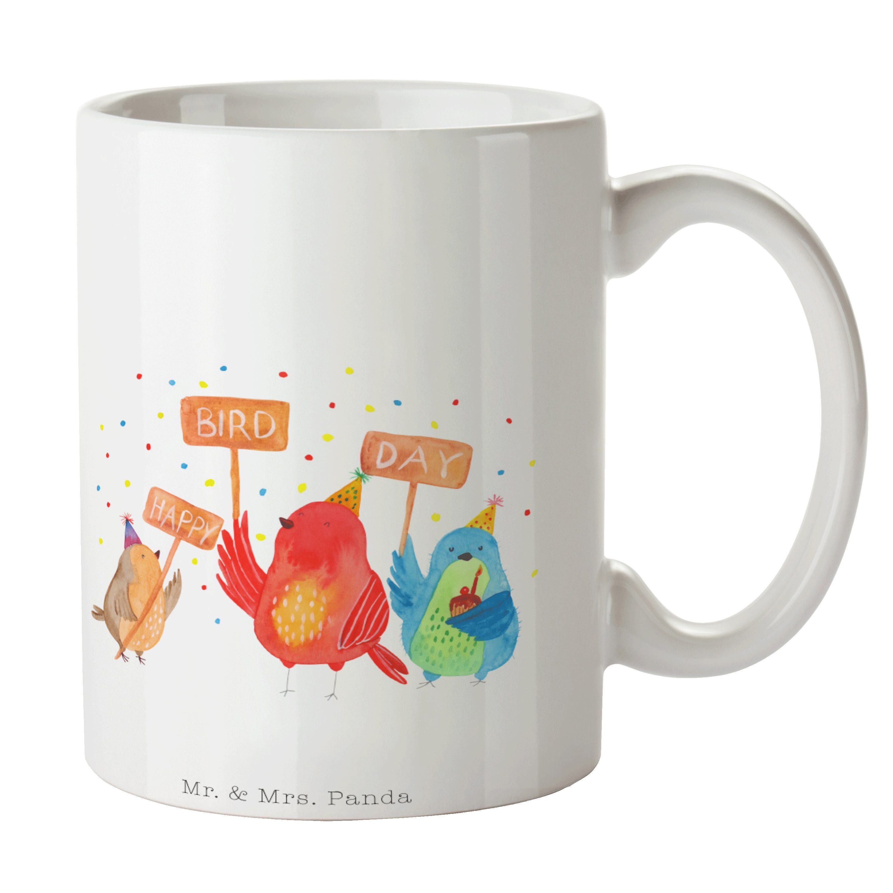 Mr. & Mrs. Panda Tasse Happy Birdday - Weiß - Geschenk, Vögel, Herzlichen Glückwunsch, Torte, Keramik