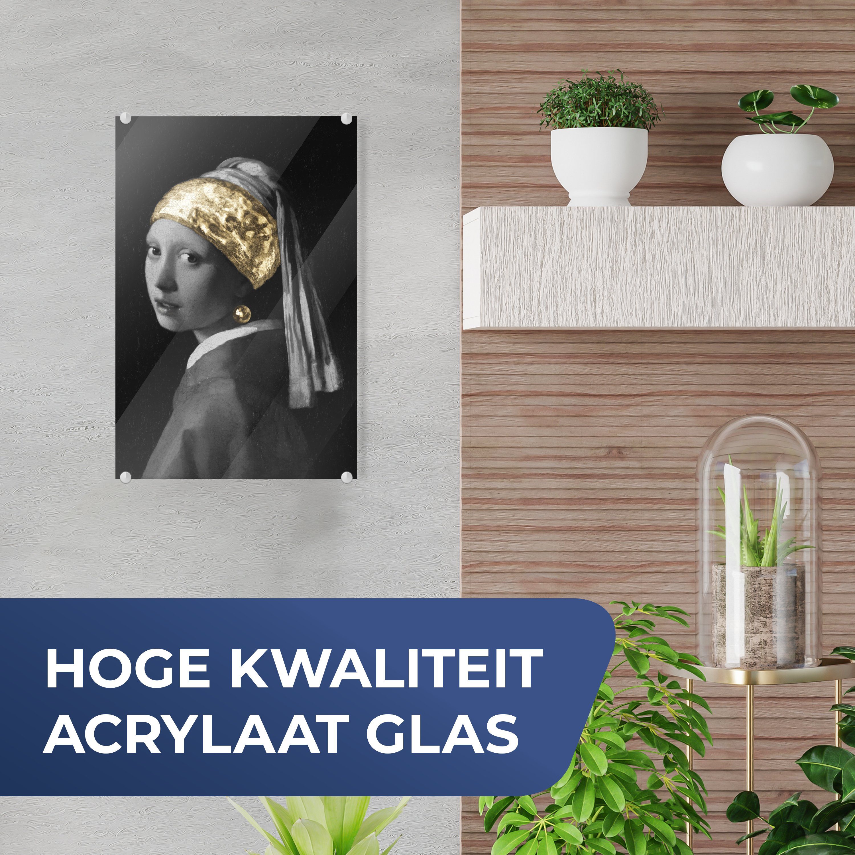 Johannes bunt Glas einem Glas Gold, auf Foto Bilder (1 Glasbilder Acrylglasbild - - mit Wanddekoration - - MuchoWow Wandbild St), Mädchen - Vermeer Perlenohrring auf