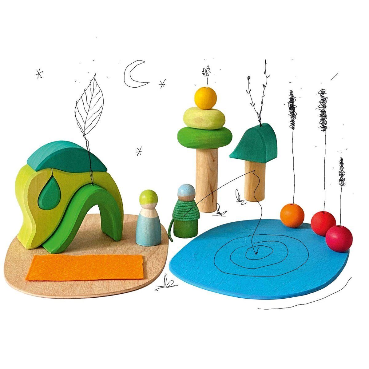 GRIMM´S Spiel und Holz Design Spielwelt Waldlichtung 19 Teiliges Set Holzspielzeug Spielfiguren Spielbausteine