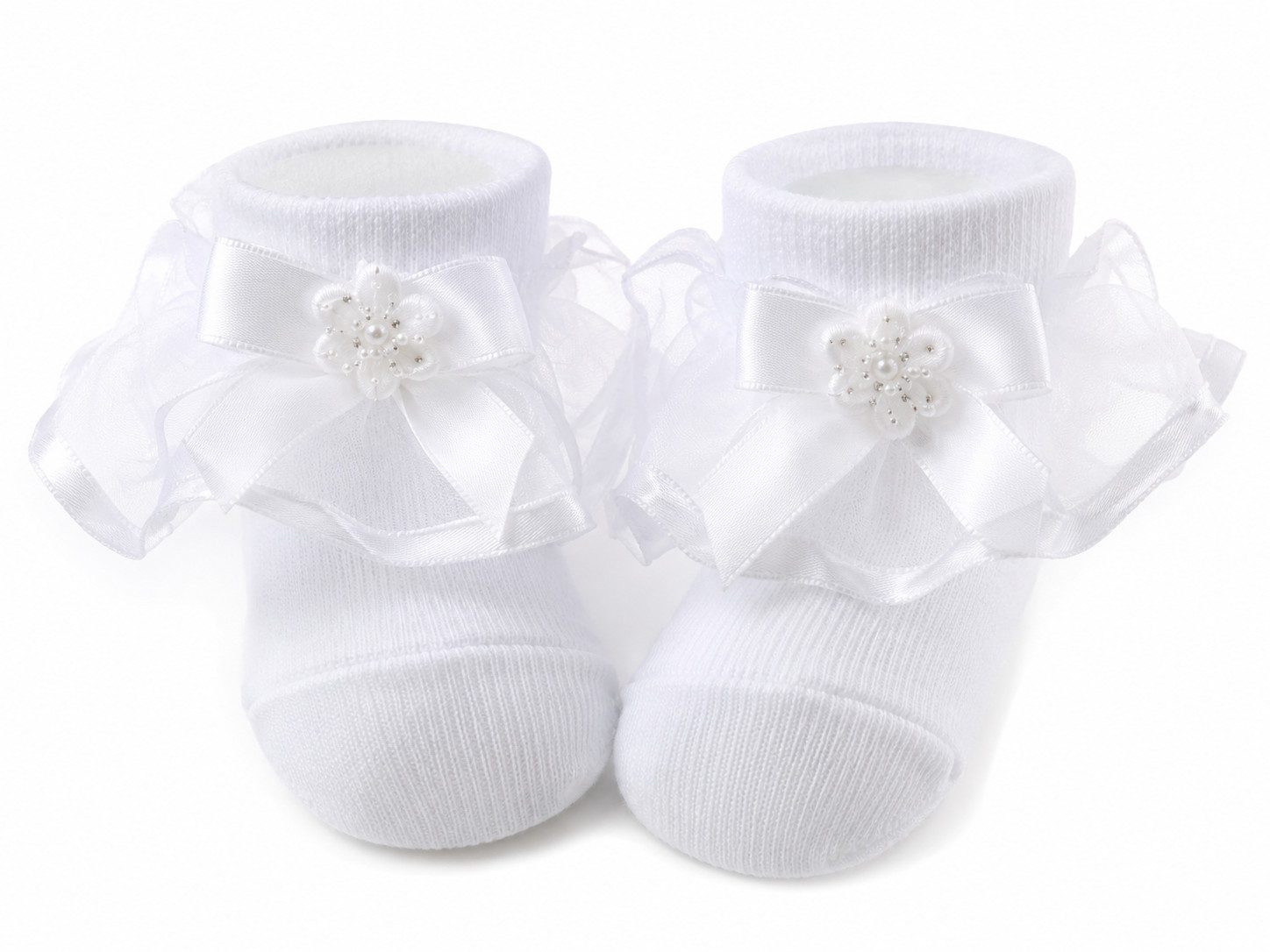 La Bortini Stirnband Baby Set Socken mit Rüschen und Kopfband in Weiß mit Schleifen festlich, Mädchen frilly Strümpfe mit Kopfschmuck, 15 bis 27