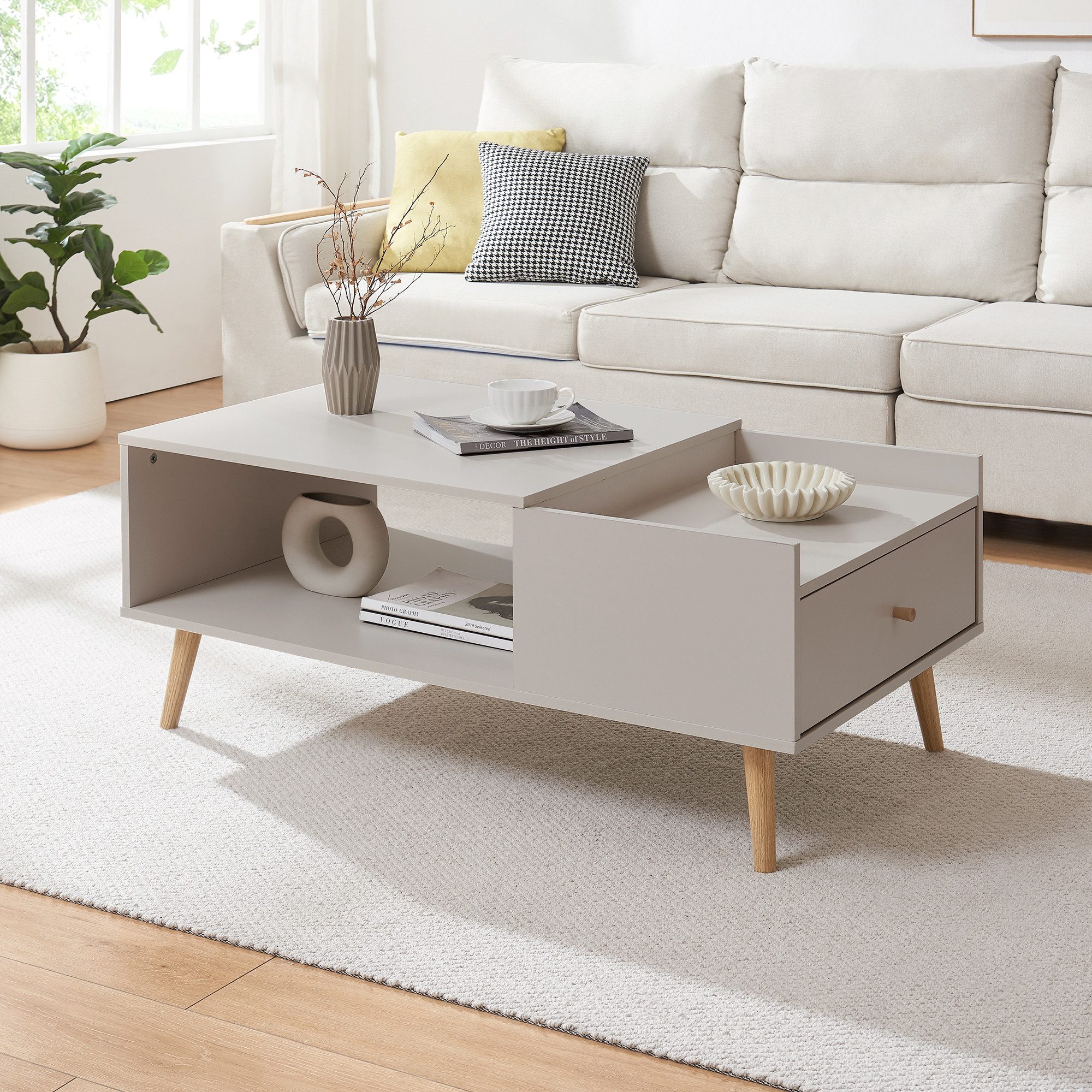 en.casa Couchtisch, »Hallevil« mit Schublade 106 x 59 x 44 cm Hellgrau
