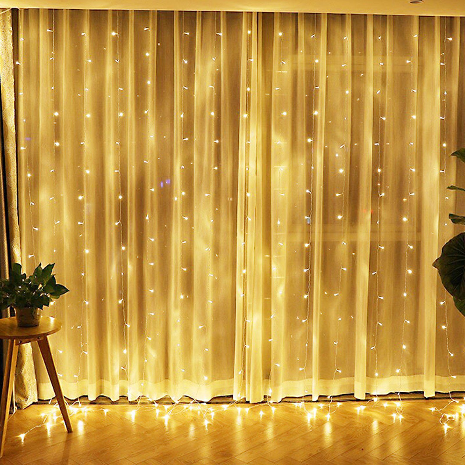 Rosnek LED-Lichterkette 3x3M, 10 Stränge, Speicherfunktion, Timer, für Vorhang Fenster Deko, 300-flammig, 8 Modi, Timer, für Schlafzimmer Weihnachten Terrasse