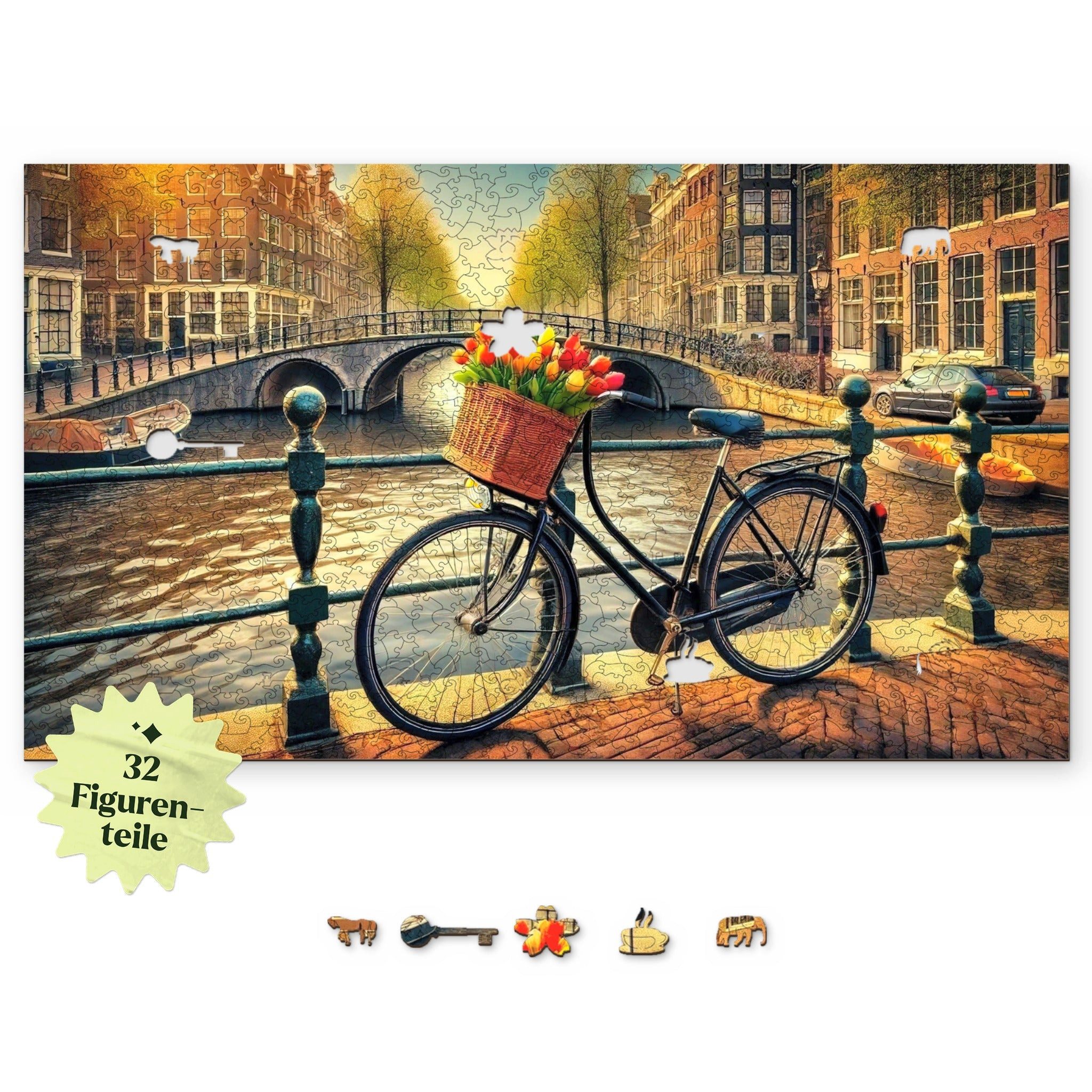 MagicHolz Puzzle Fahrrad in Amsterdam Stadt aus Holz, 1000 Puzzleteile, mit figürlichen Sonderformteilen