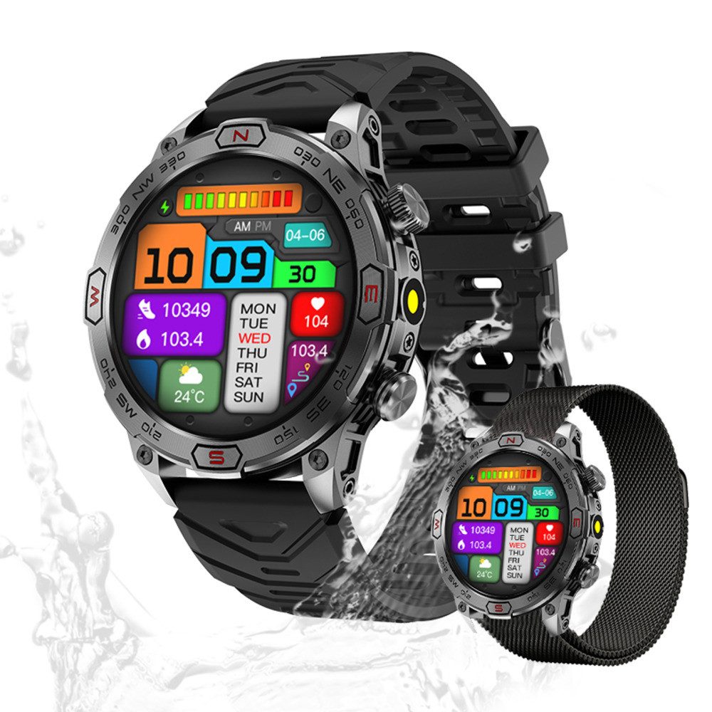 Zevelora Damen's und Herren's Telefonfunktion IP68 Wasserdicht Smartwatch (1.43 Zoll, Android iOS), mit SPO2, Herzfrequenzsensor, Schrittzähler & 107 Sportmodi