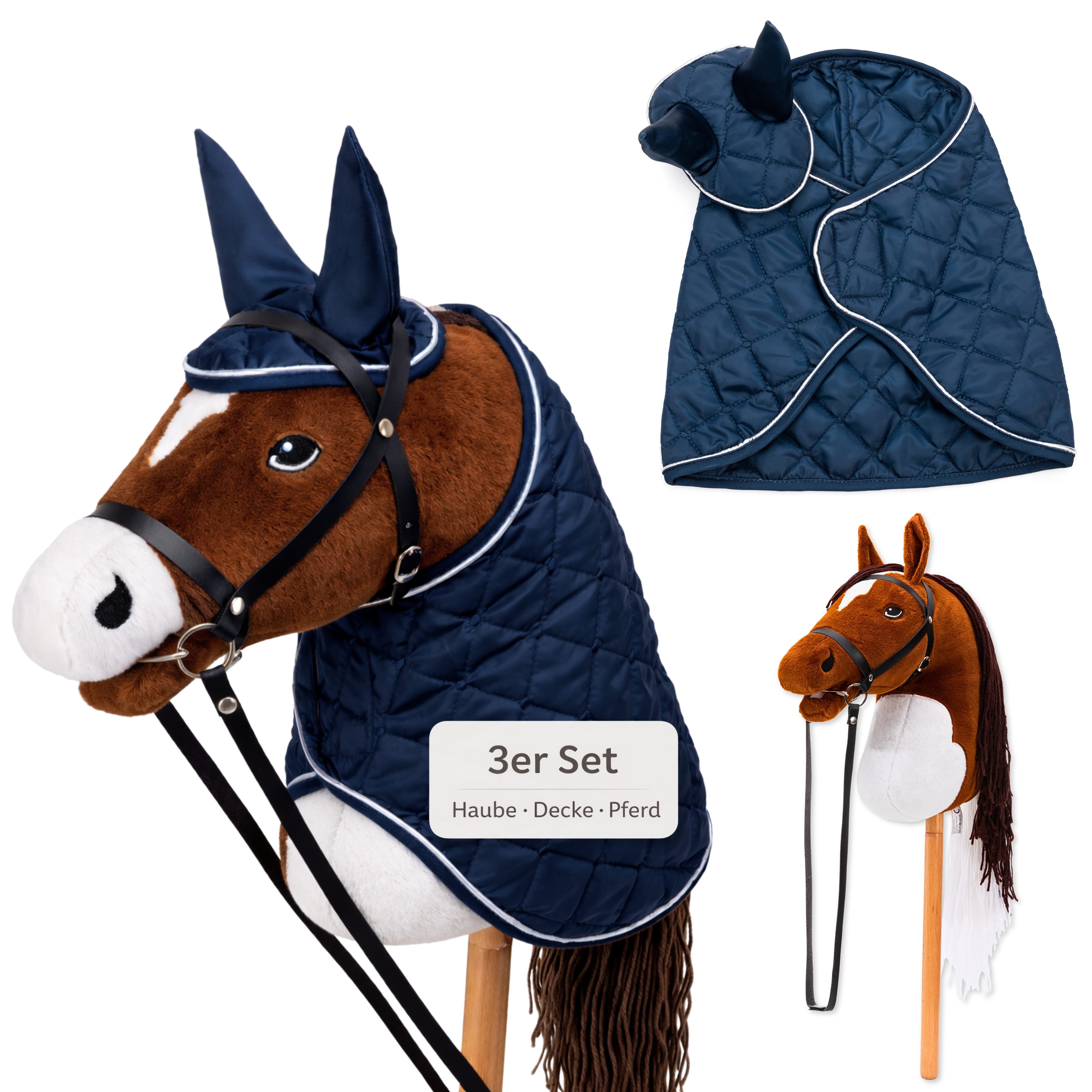 Hoofly Steckenpferd Hoofly® Hobby Horse Pferde Set, (mit Decke, Fliegenhaube, Trense & Schraubstab, Hobby Horsing, Steckenpferd), Abschraubbarer Stab