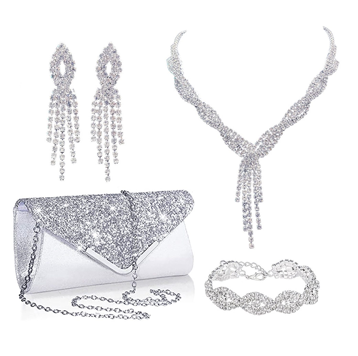 Schmuckset Damen Glitzer Clutch Strass Abendtasche Brautschmuck Set Geldbörse