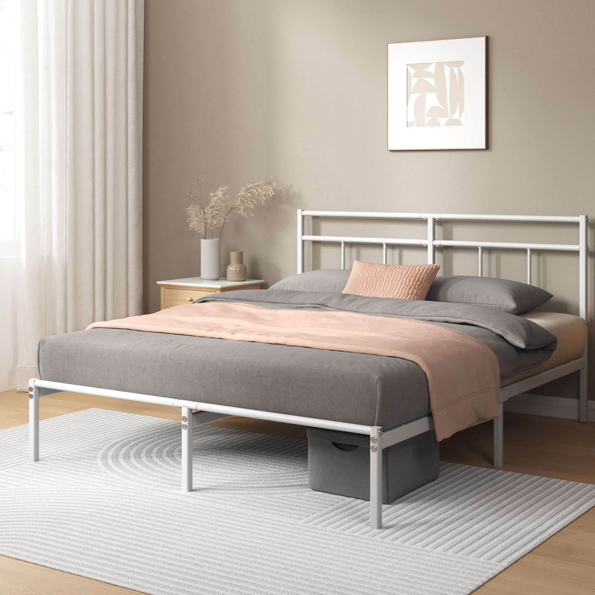 ZINUS Bettgestell Florence Square mit Kopfteil (Weiß, 140x200 cm), Doppel/Einzelbett