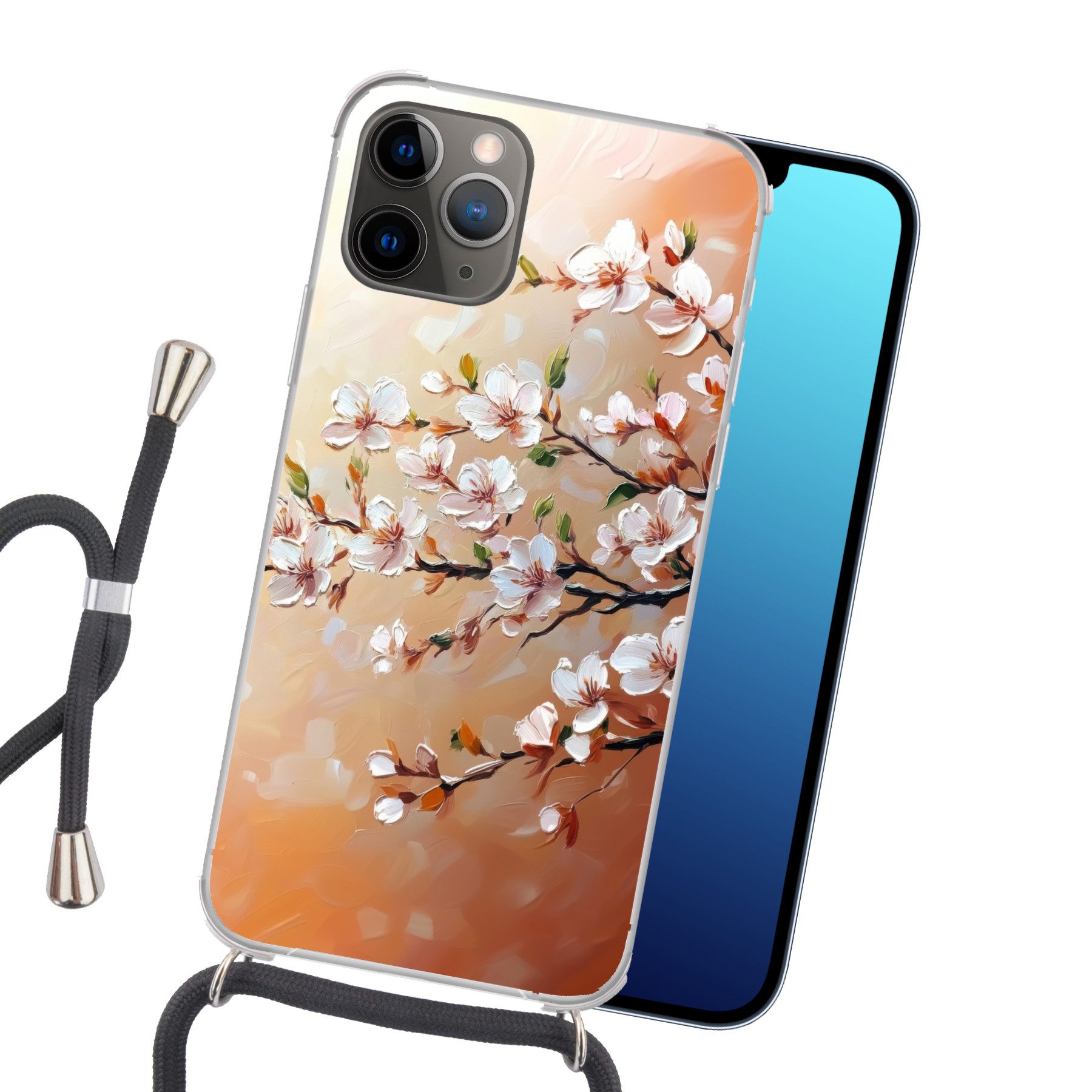 MuchoWow Handyhülle für Apple iPhone 13 Pro Max Blütenzweige - Malerisch - Rosa, Tragbare Handyhüllen mit Kette zum umhängen, Handykette Handyband