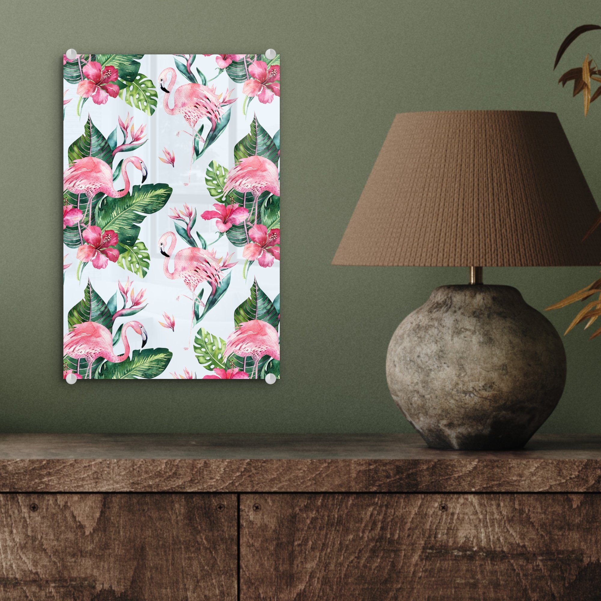 auf Glas auf Wanddekoration Acrylglasbild - Blätter St), - - MuchoWow Wandbild Foto (1 - Muster Glas - Flamingo, Bilder Glasbilder bunt