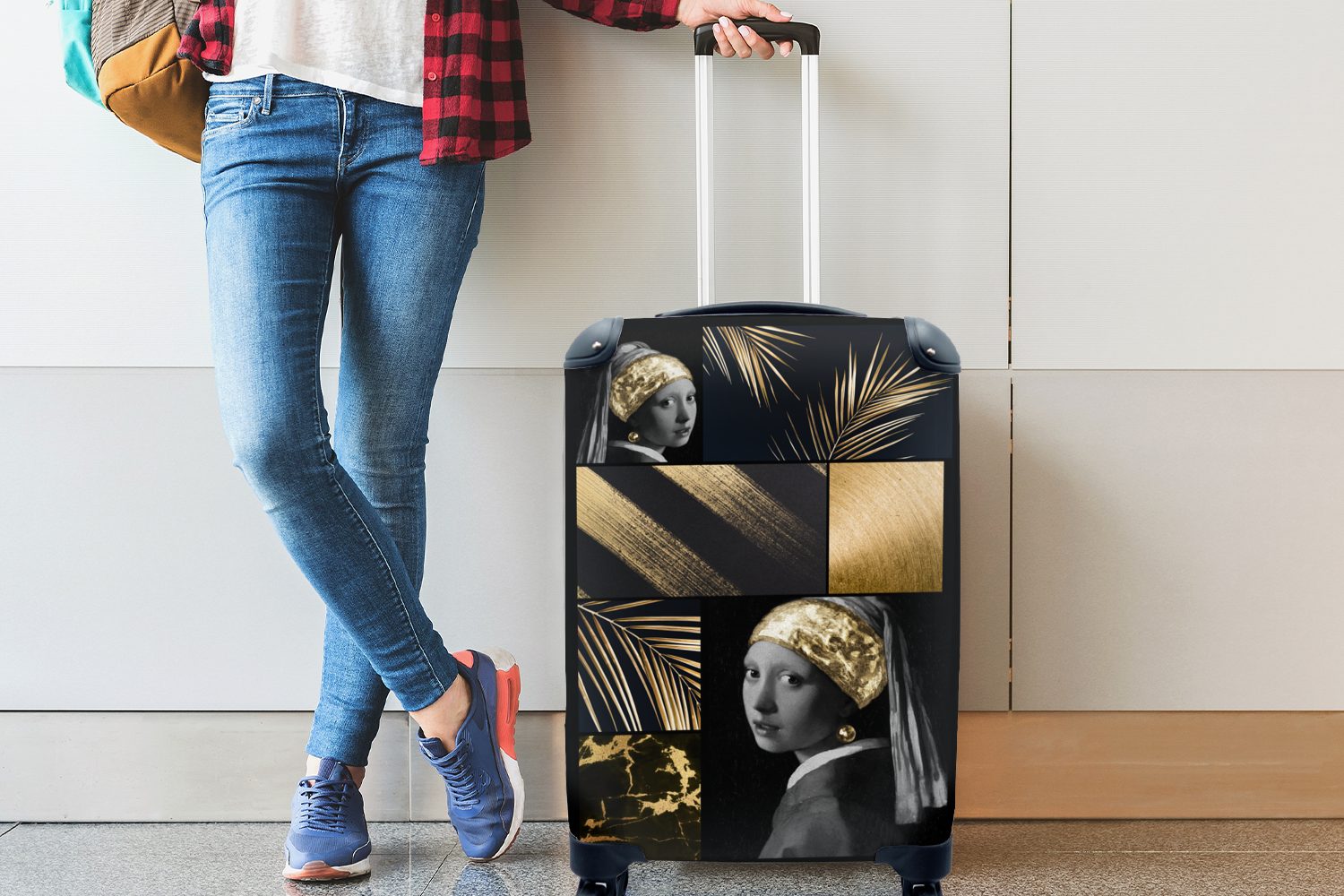 MuchoWow Handgepäckkoffer Reisekoffer - Handgepäck - für - mit Schwarz Mädchen Rollen, rollen, Collage Gold Reisetasche Trolley, 4 mit Perlenohrring, Ferien