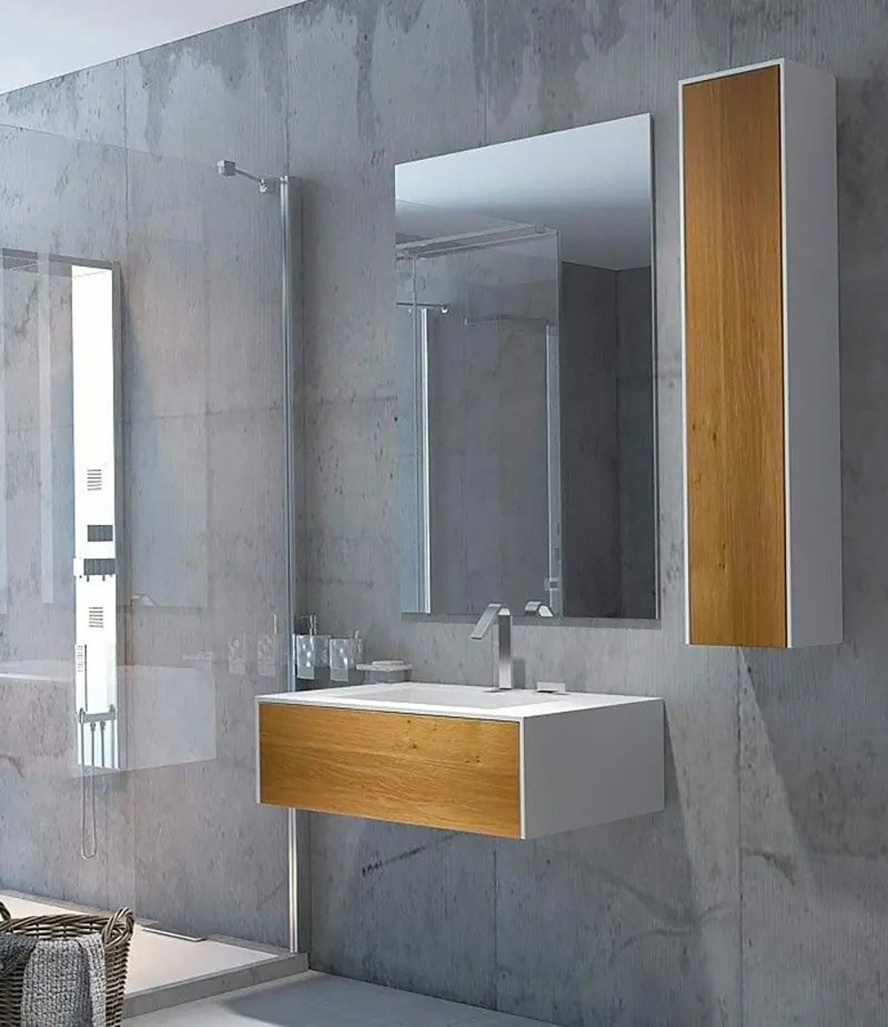 Henneke Waschtisch Corian® WoodOne mit Becken mittig eckig und Unterschrank einreihig, Fugenlos aus Mineralwerkstoff