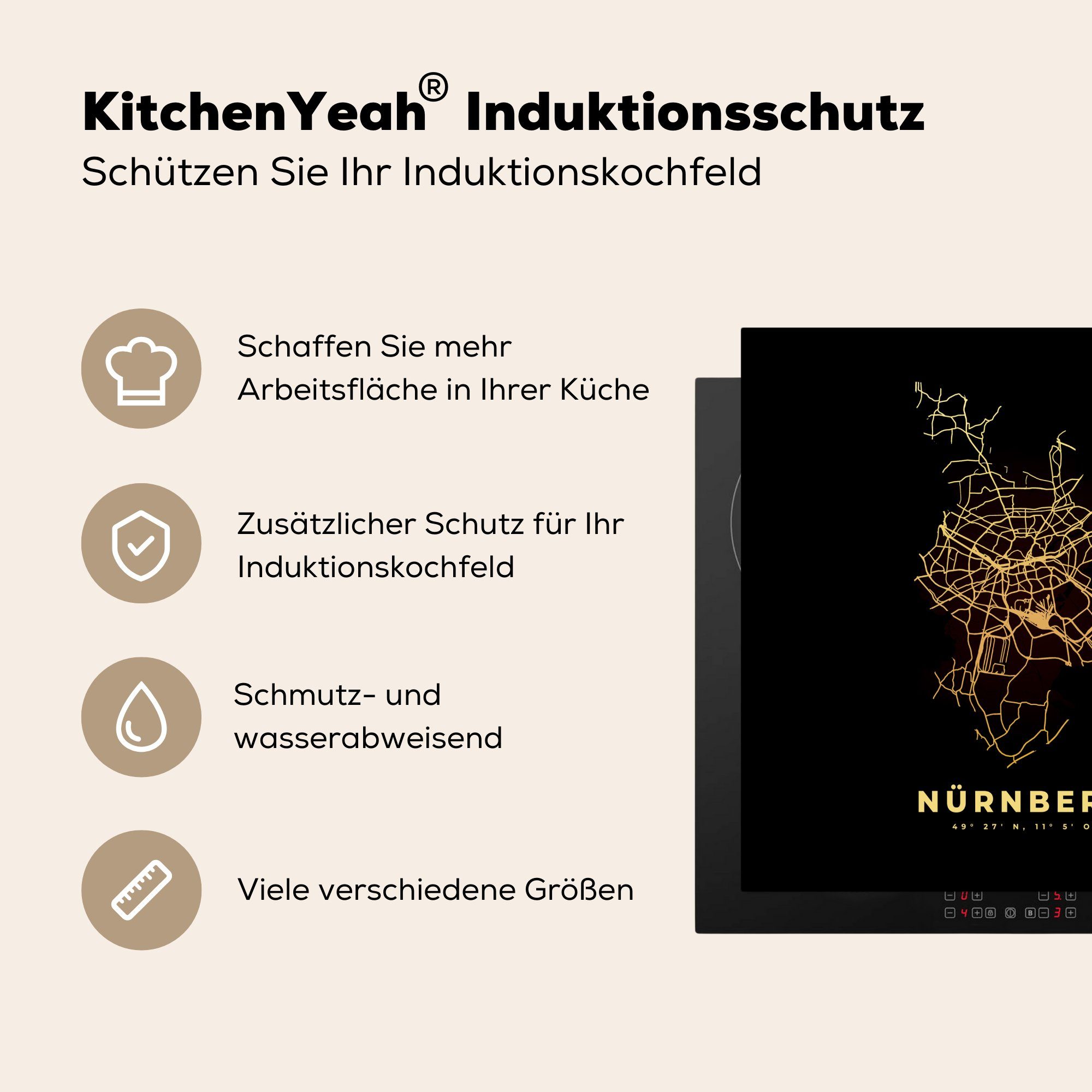 für - - Nürnberg Ceranfeldabdeckung, 78x78 MuchoWow cm, Karte, Gold küche tlg), (1 Stadtplan Vinyl, - Herdblende-/Abdeckplatte Arbeitsplatte