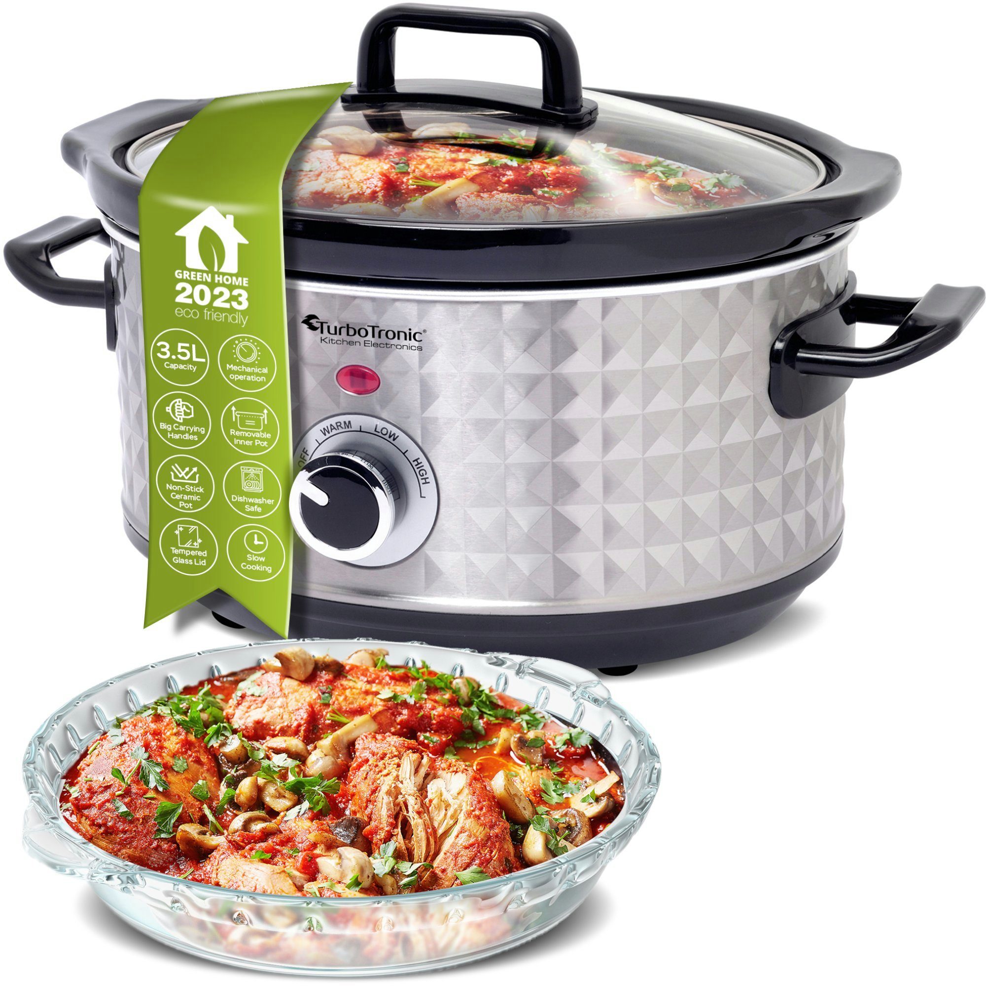 TurboTronic by Z-Line Schongarer 3,5 Liter mit Anbrat- & Warmhaltefunktion Sous Vide Garer Slowcooker, 200 W, Langsamkocher Schmortopf Gartopf Rautenmuster retro