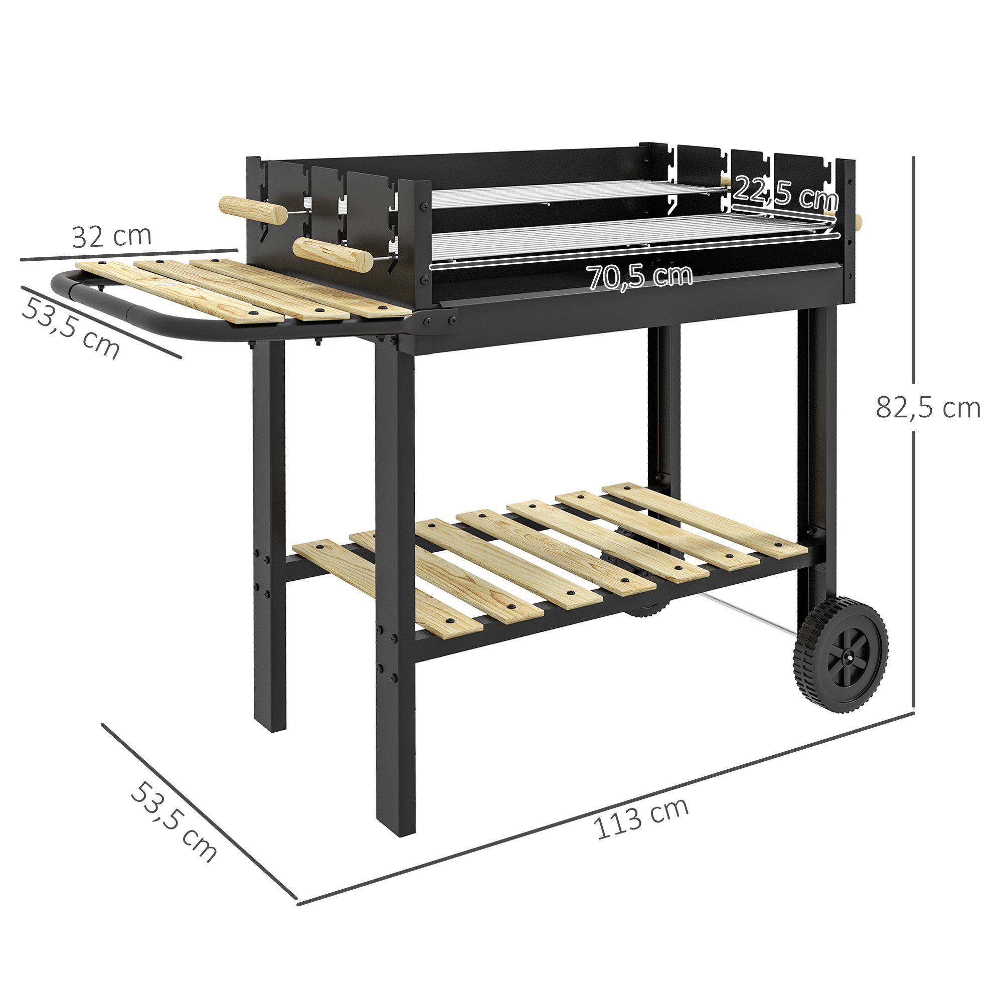 Outsunny Holzkohlegrill Grillwagen mit zwei Grillrost, Ablage, Gartengrill, Campinggrill, für BBQ, Metall, Schwarz, 113 x 53,5 x 82,5 cm