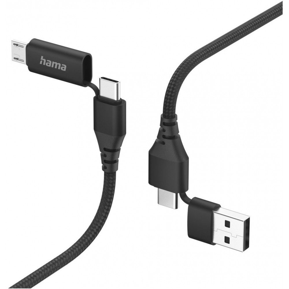 Hama Hama 4in1 Multi-Ladekabel 1,5m schwarz - Kabel USB-Kabel, Schnellladekabel, Schnellladekabel, Geflochtene Nylonummantelung