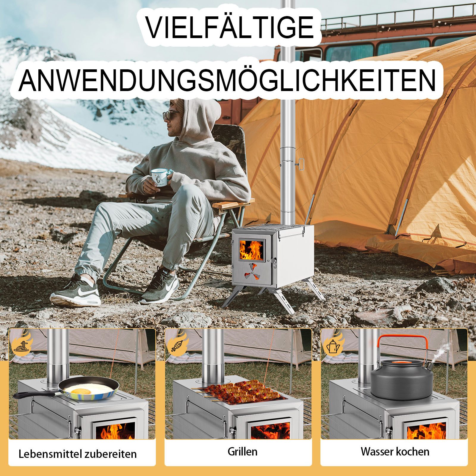 Meulbaty Feuerstelle Heißer Zeltofen, Camping-Holzofen für Zelt, tragbarer Holzofen, (1-St), aus Edelstahl, mit 7 Kaminrohren für Wandzelt-Camping, Kochen